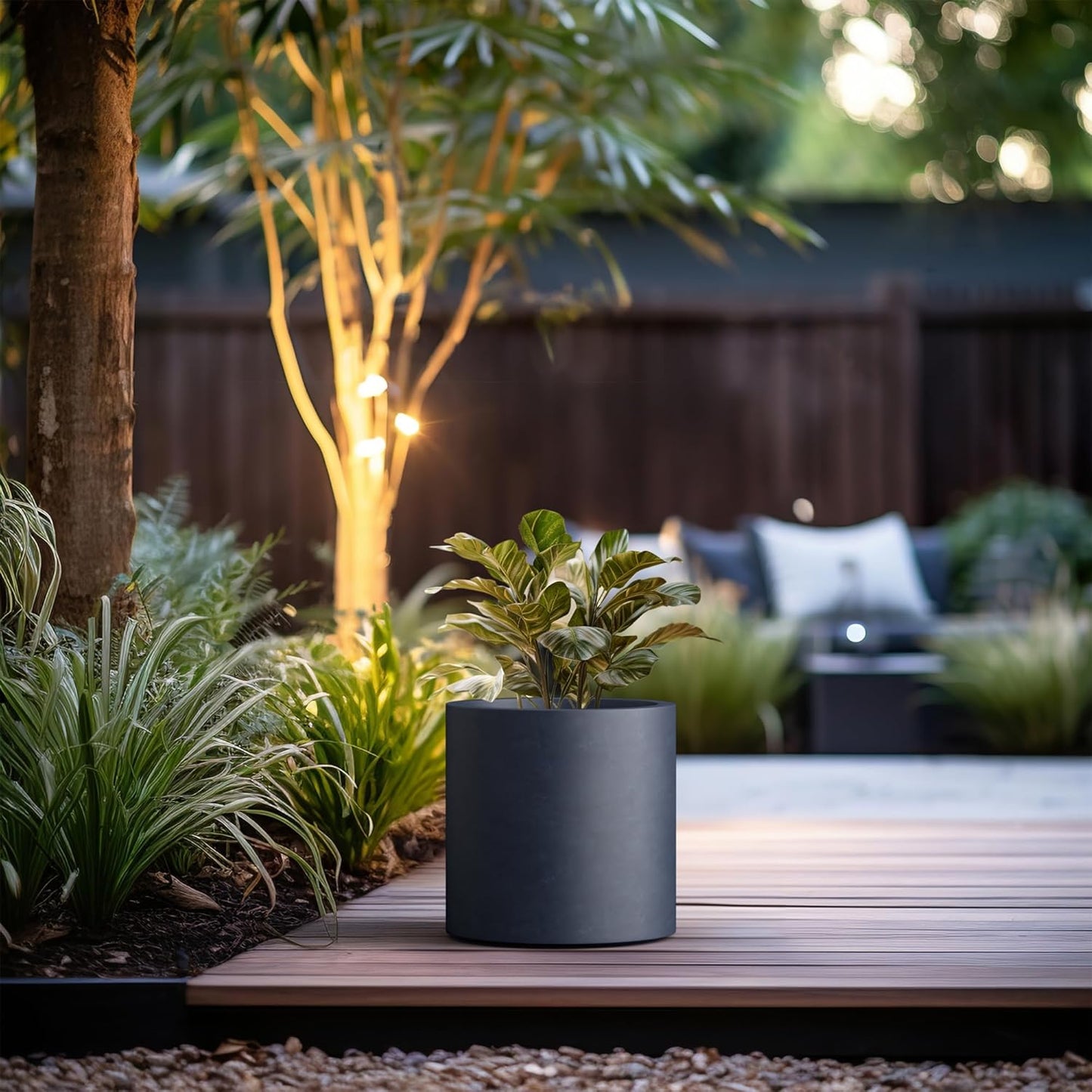 Kante 12.6" Dia Round Concrete Planter, Modern Style Large Cylindrical Plant Pot with Drainage Hole and Rubber Plug for Indoor Outdoor Patio, Dark Gray