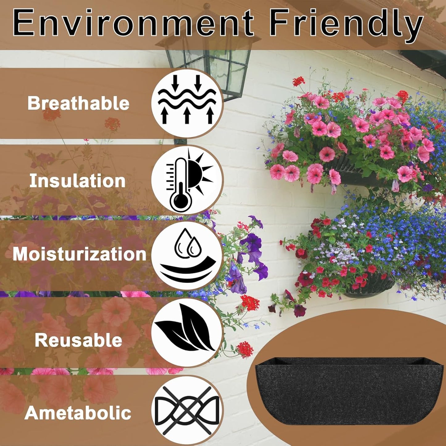 1-Pack 36in Planter Liners - Breathable Felt Hanging Basket and Window Box Liners - Prevent Root Suffocation and Bird Damage - Black