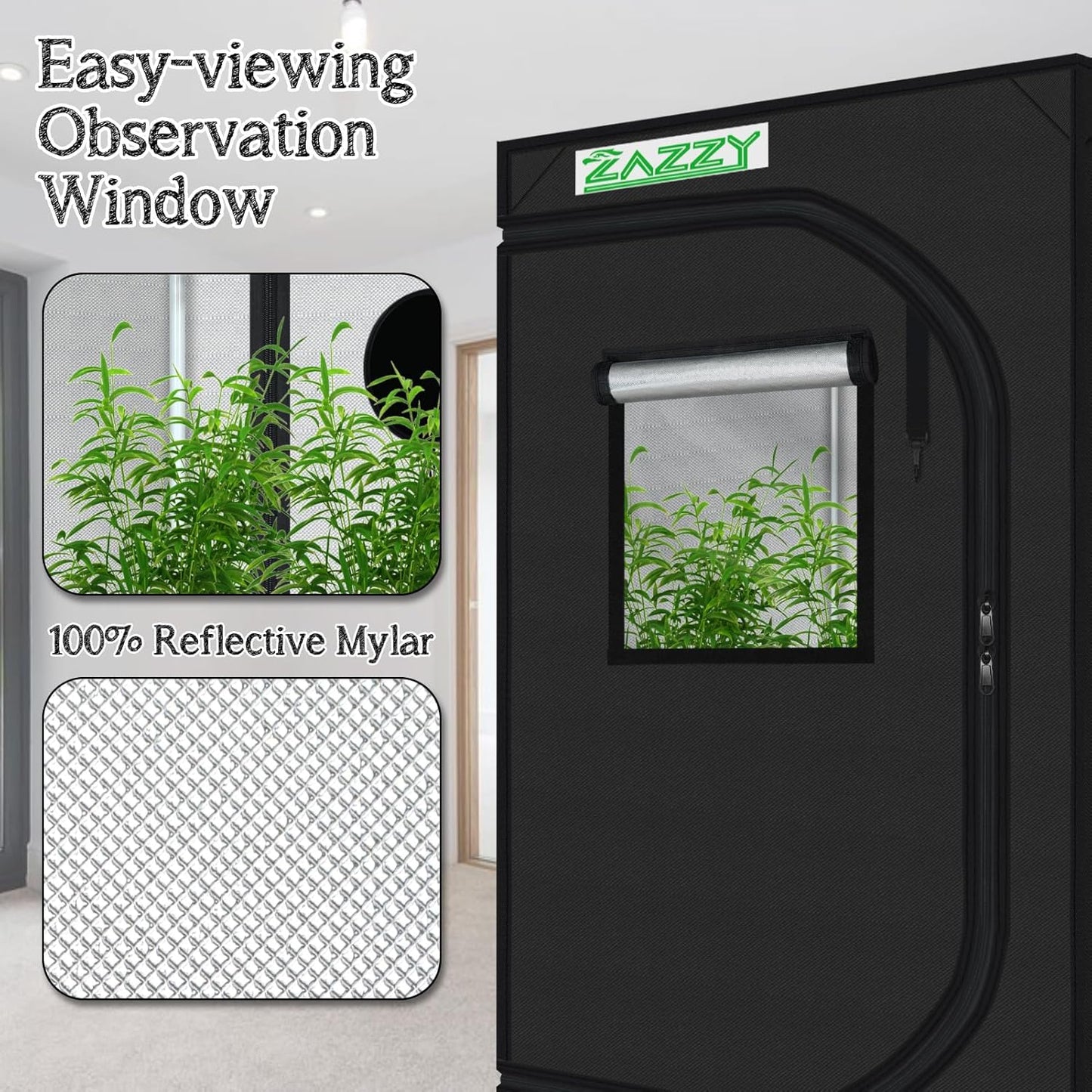 zazzy Grow Tent, 24"x36"x60" Hydroponic Grow Room Reflective Mylar Grow Tent with Window & Floor Tray for Indoor Plant Growing