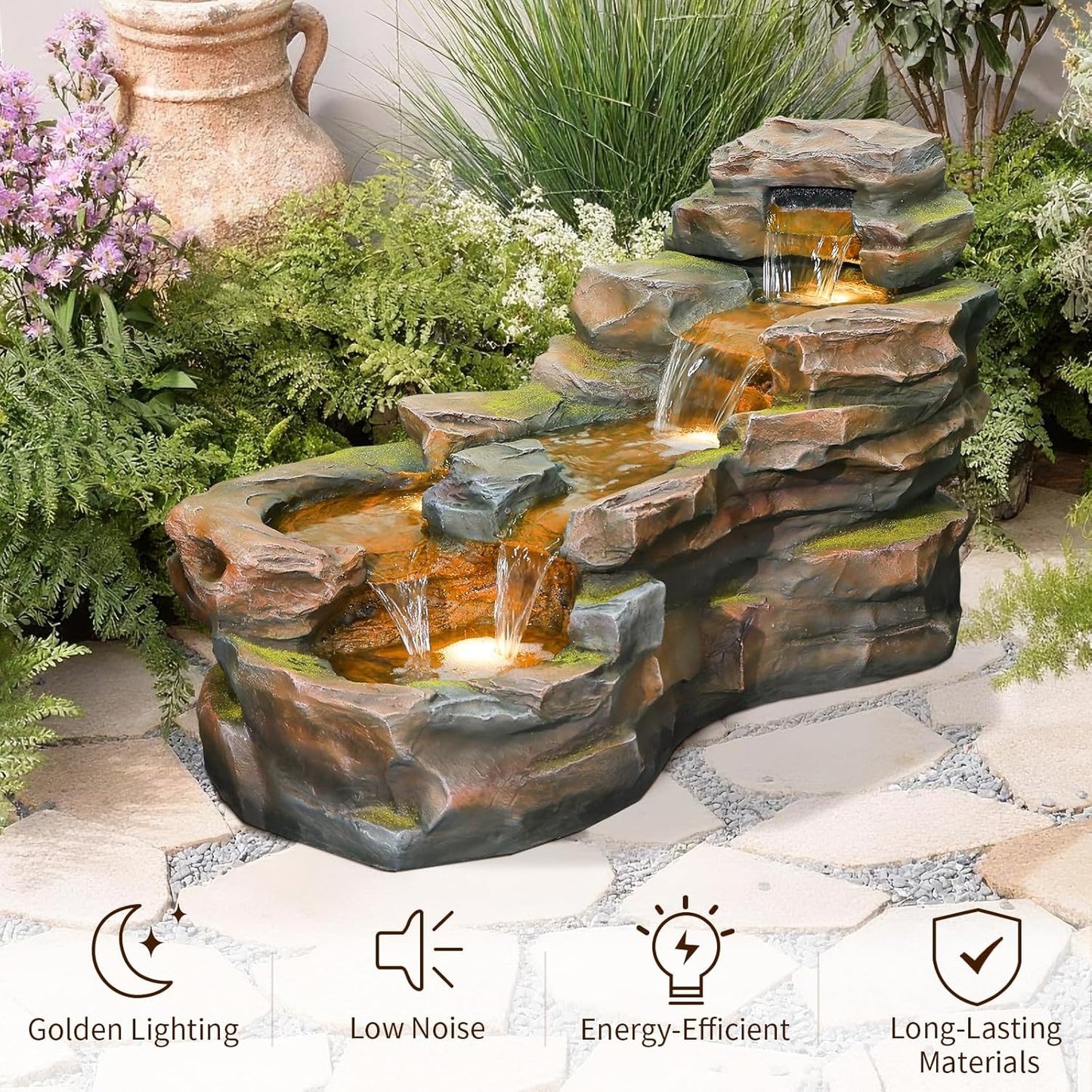 Water Fountain Outdoor Floor Standing 5-Tiers Rock Natural Waterfall Outdoor Garden Fountains with LED Lights for Patio, Porch, Home Art Decor