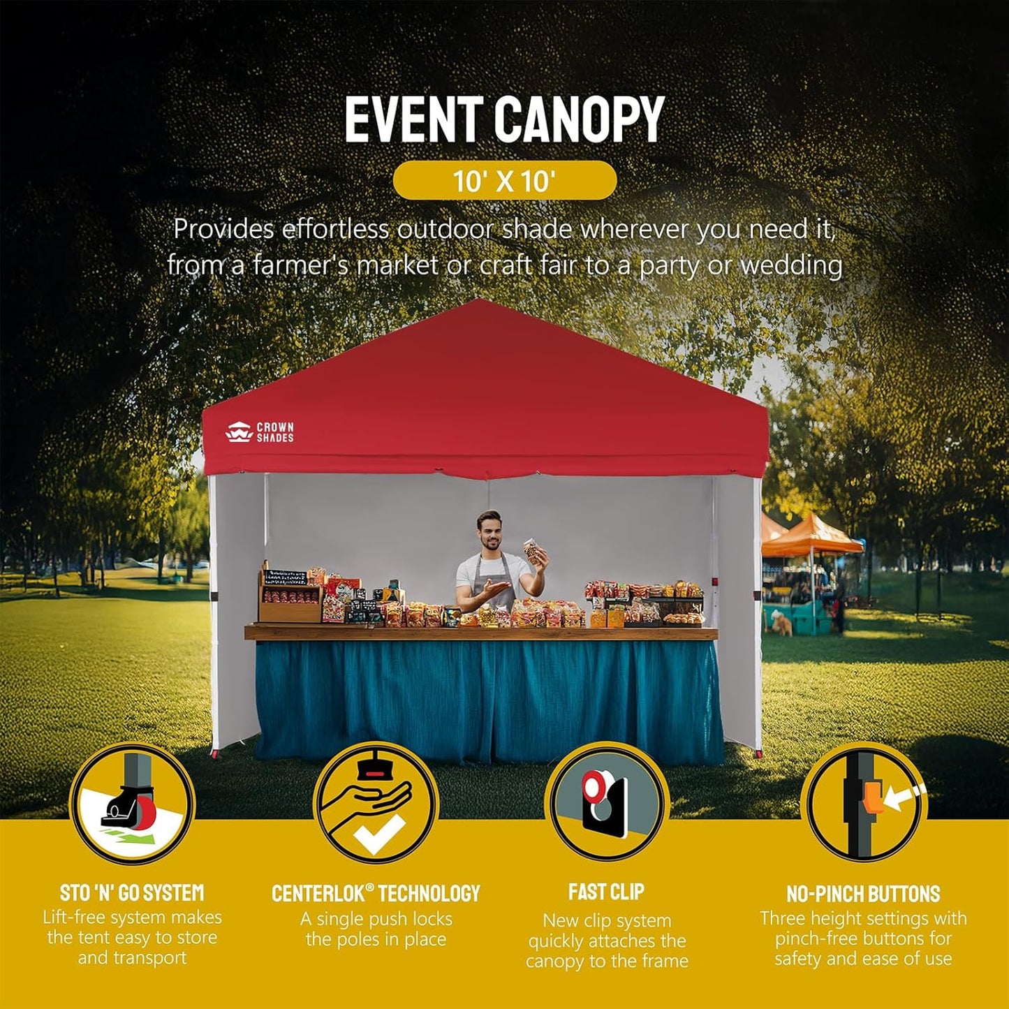 CROWN SHADES 10X10 Comercial Instant Canopy Pop Up Tent with Center Lock (10x10 with 4 Sidewalls, Red)