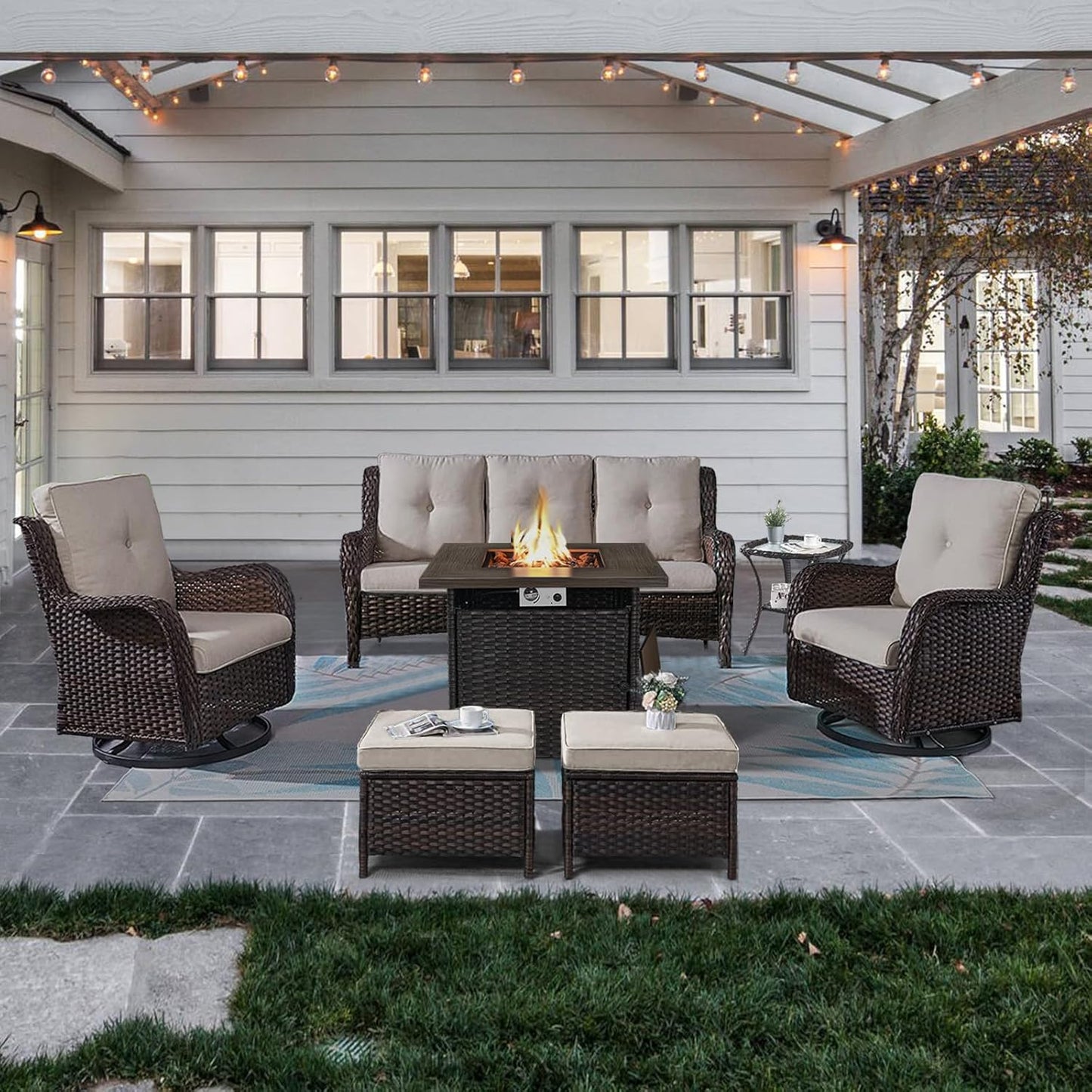 Outdoor Patio Furniture Set with Propane Fire Pit Table, 7 Pieces Wicker Patio Conversation Set with 2 Swivel Glider Rocker Chair Rattan Sofa Beige Cushion Perfect for Casual Gathering