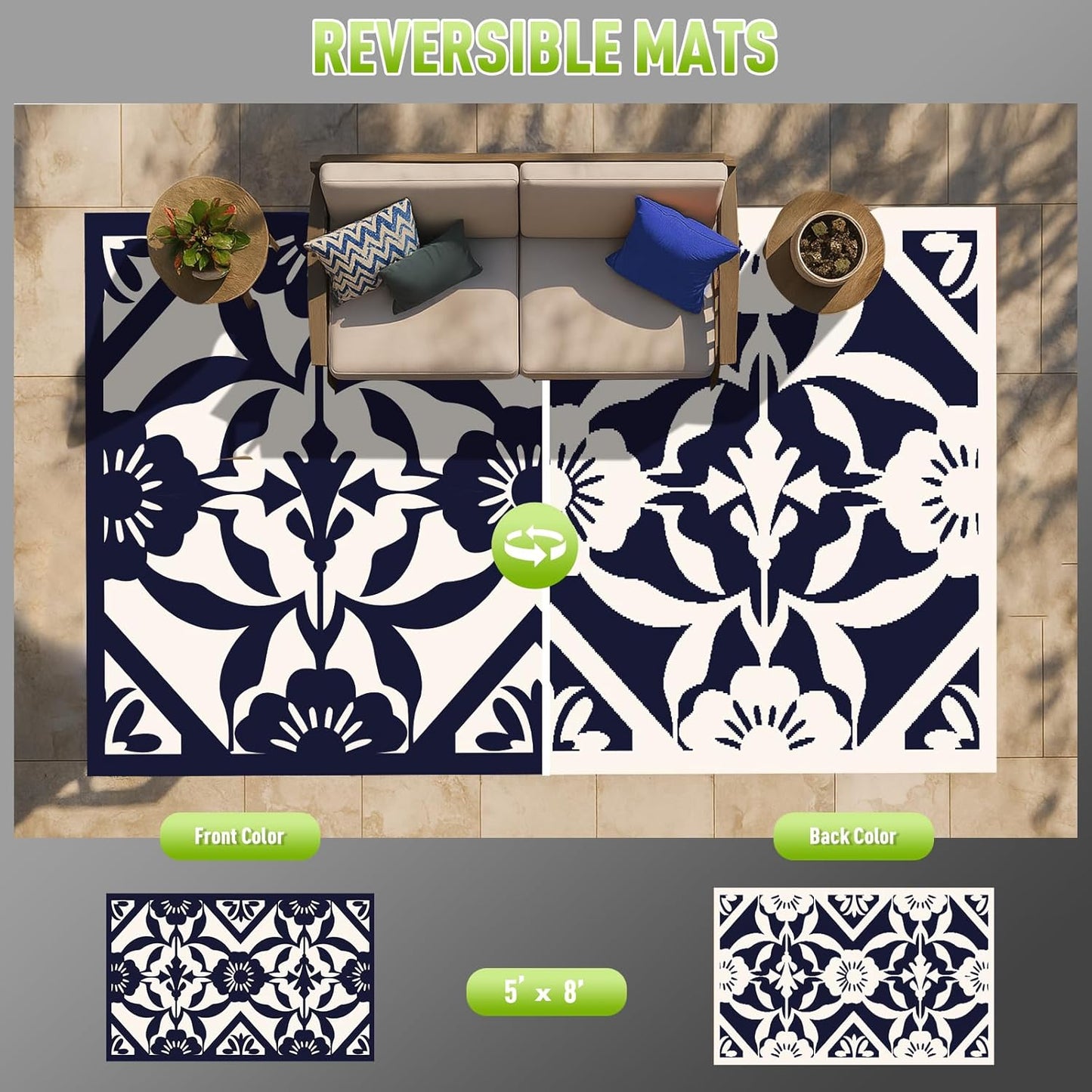 WILDROOTS 5x8 Feet Klein Plastic Outdoor Rug, Stain Resistant Waterproof Reversible Outdoor Patio Rug, Fade Resistant Camping Rug