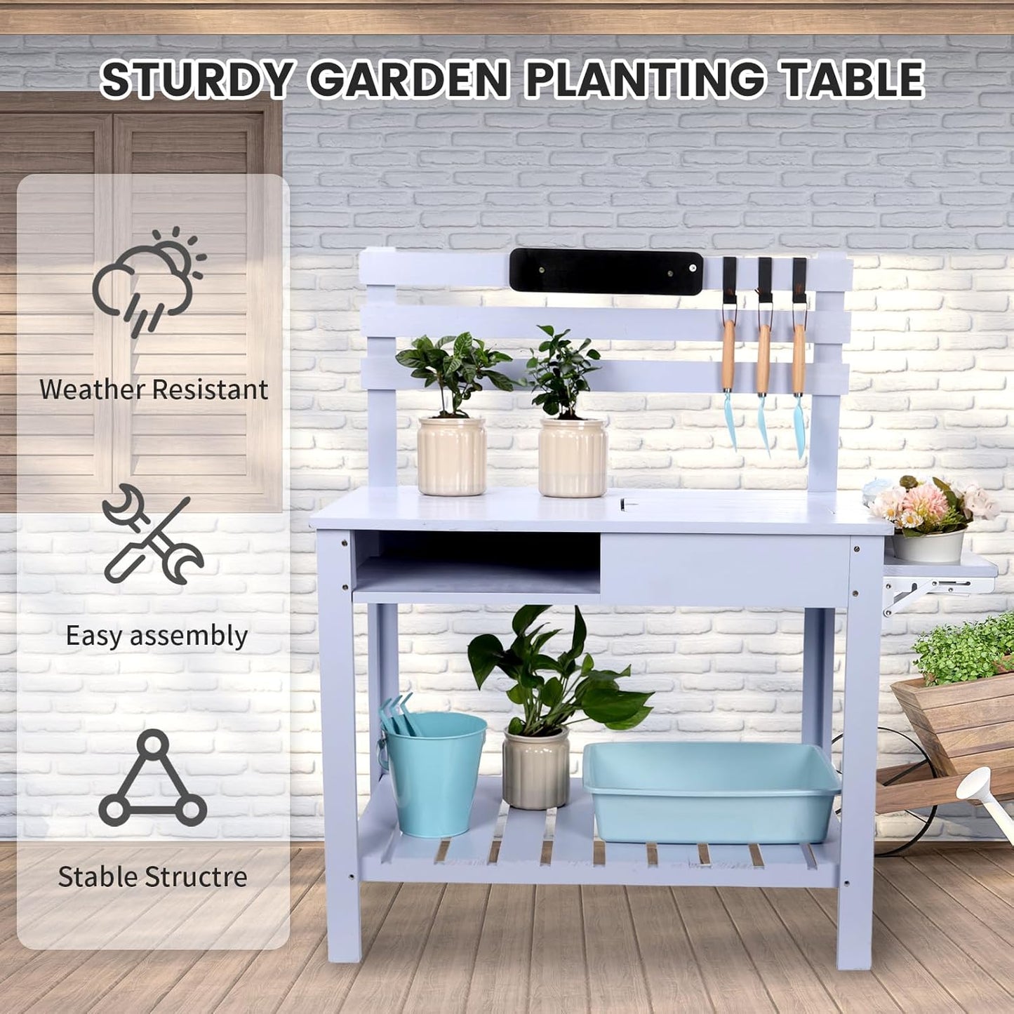 Potting Bench Outdoor Potting Table—All-Weather Kids Solid Wood Garden Work Station with Sink、Hooks、3Flower Pots, Weather Proof（Blue, Large）
