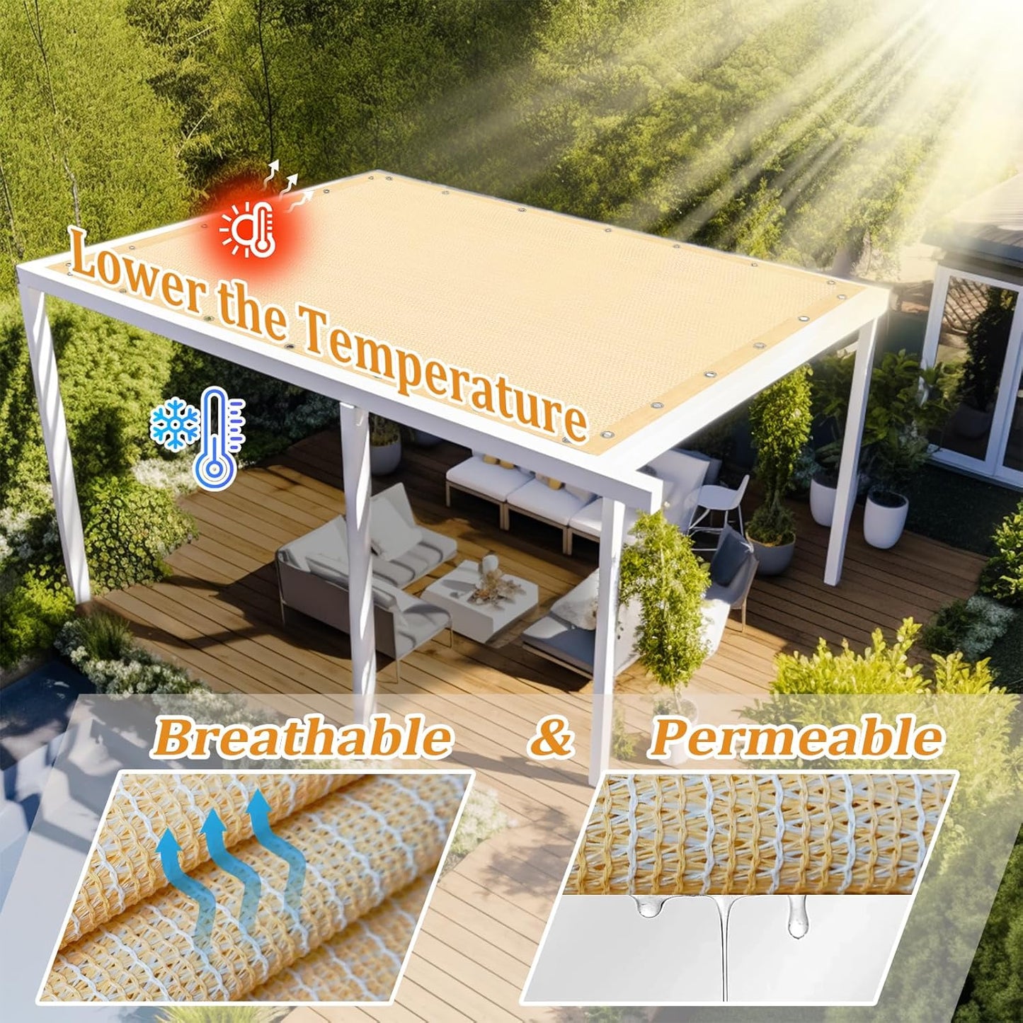 Shade&Beyond Customized Size 90% Sun Shade Cloth with Grommets, 7' X 18' Pergola Shade Cover Canopy, Mesh Tarp Sun Screens for Patio, Outdoor, Garden, Backyard GN01, Wheat