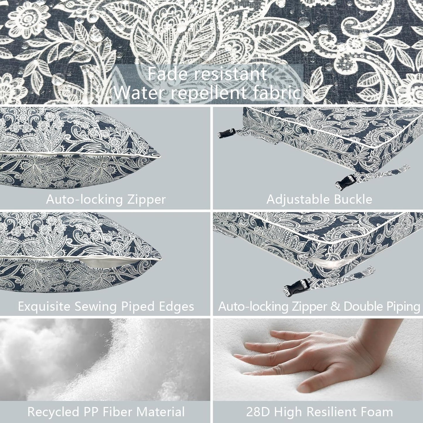 LVTXIII Outdoor/Indoor Deep Seat Cushion Patio Seat and Back Cushion Set All-Weather Replacement Chair Cushion for,Wicker Chairs and Garden Furniture Decoration, 24"x24"x4", Damask Lapis