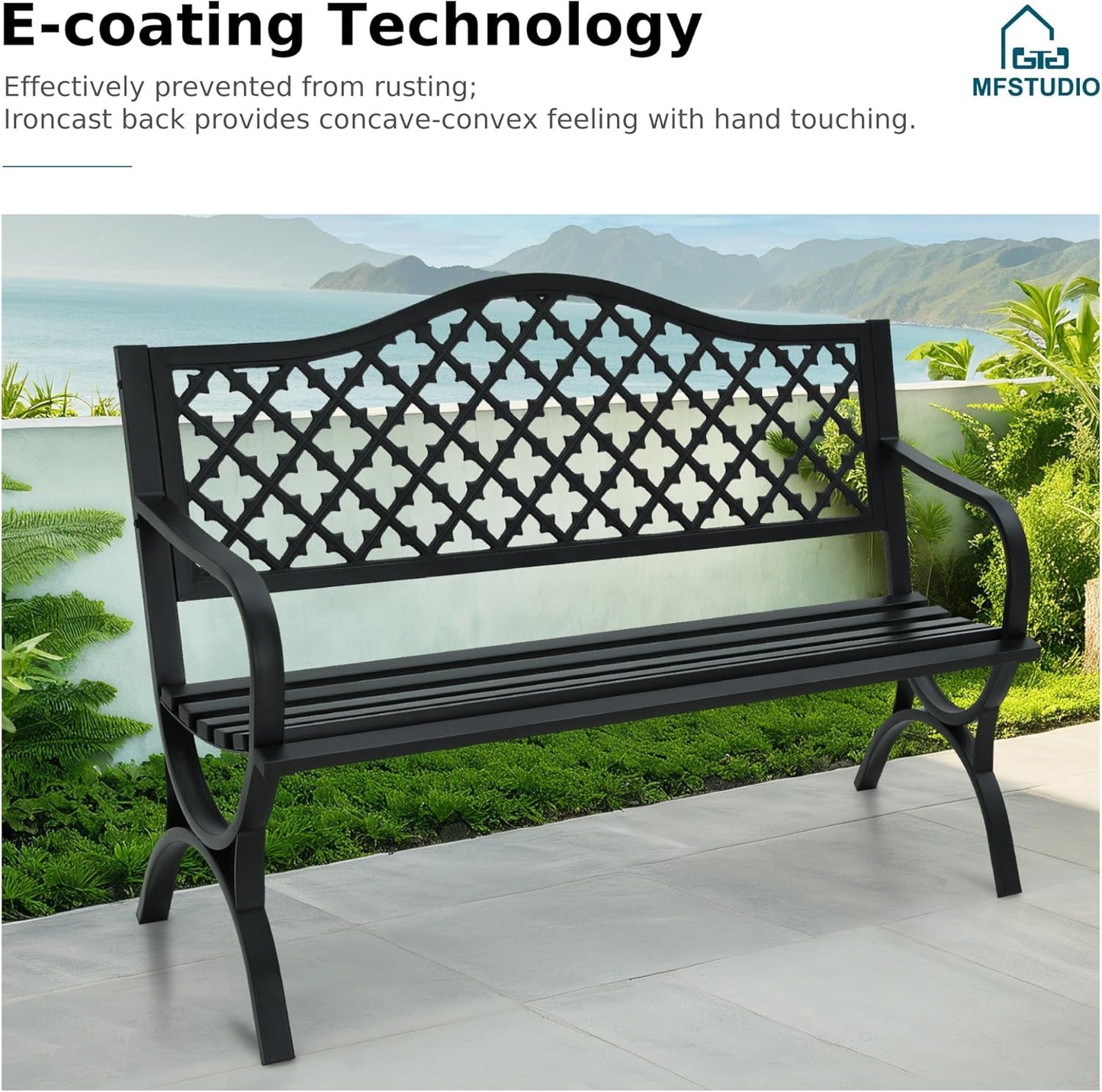 MFSTUDIO 50" Black Outdoor Metal Garden Bench with Arch Legs, Cast Iron Frame Patio Furniture with E-Coating, Perfect for Porch and Yard