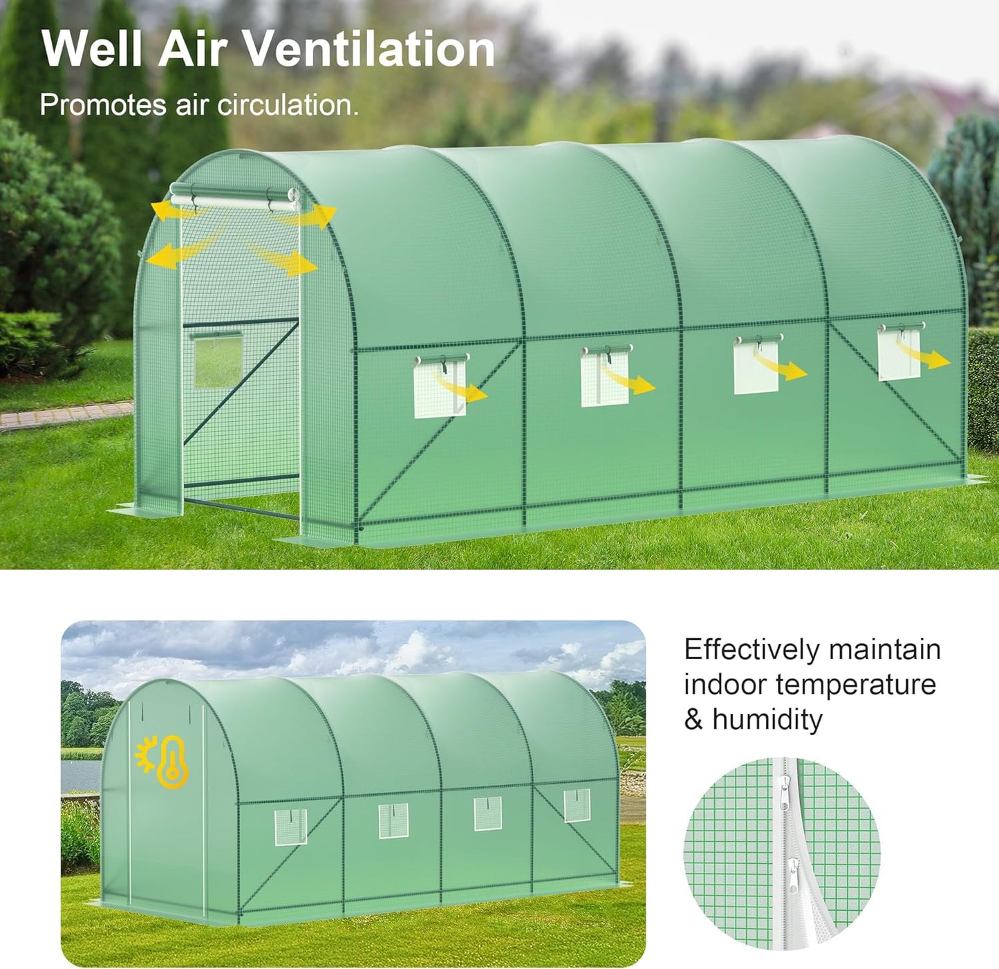 Greenhouse, 15’x7’x7’ Walk-in Greenhouse Heavy Duty Tunnel Green House with 6 Ventilated Mesh Windows & Zippered Roll-up Door, Large Plant Garden Hot House Outdoor with Reinforced Frame