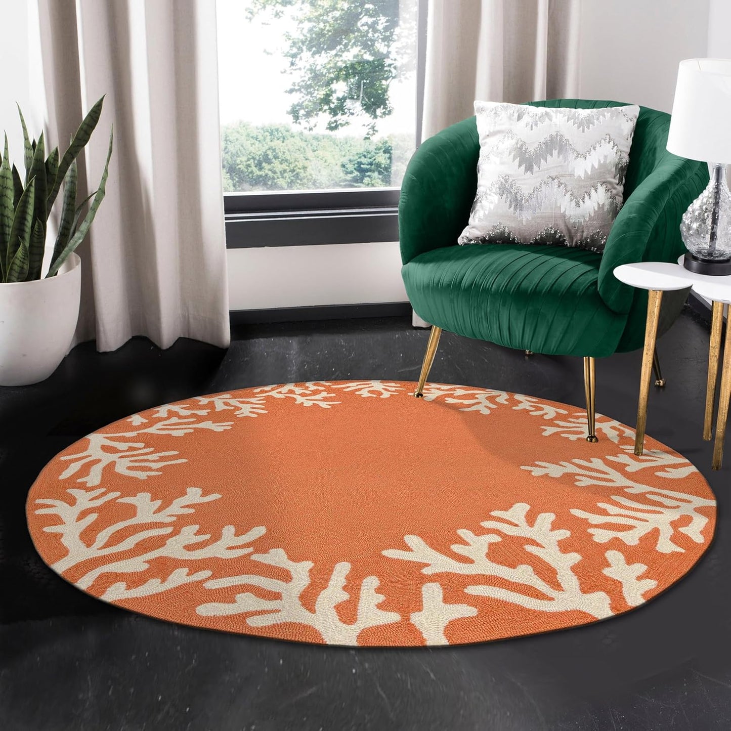 Liora Manne CAPRI Indoor/Outdoor Handmade Synthetic Blend Durable Area Rug - Traditional Border Coastal Beach Accent (Coral Border Coral) (5' Round)