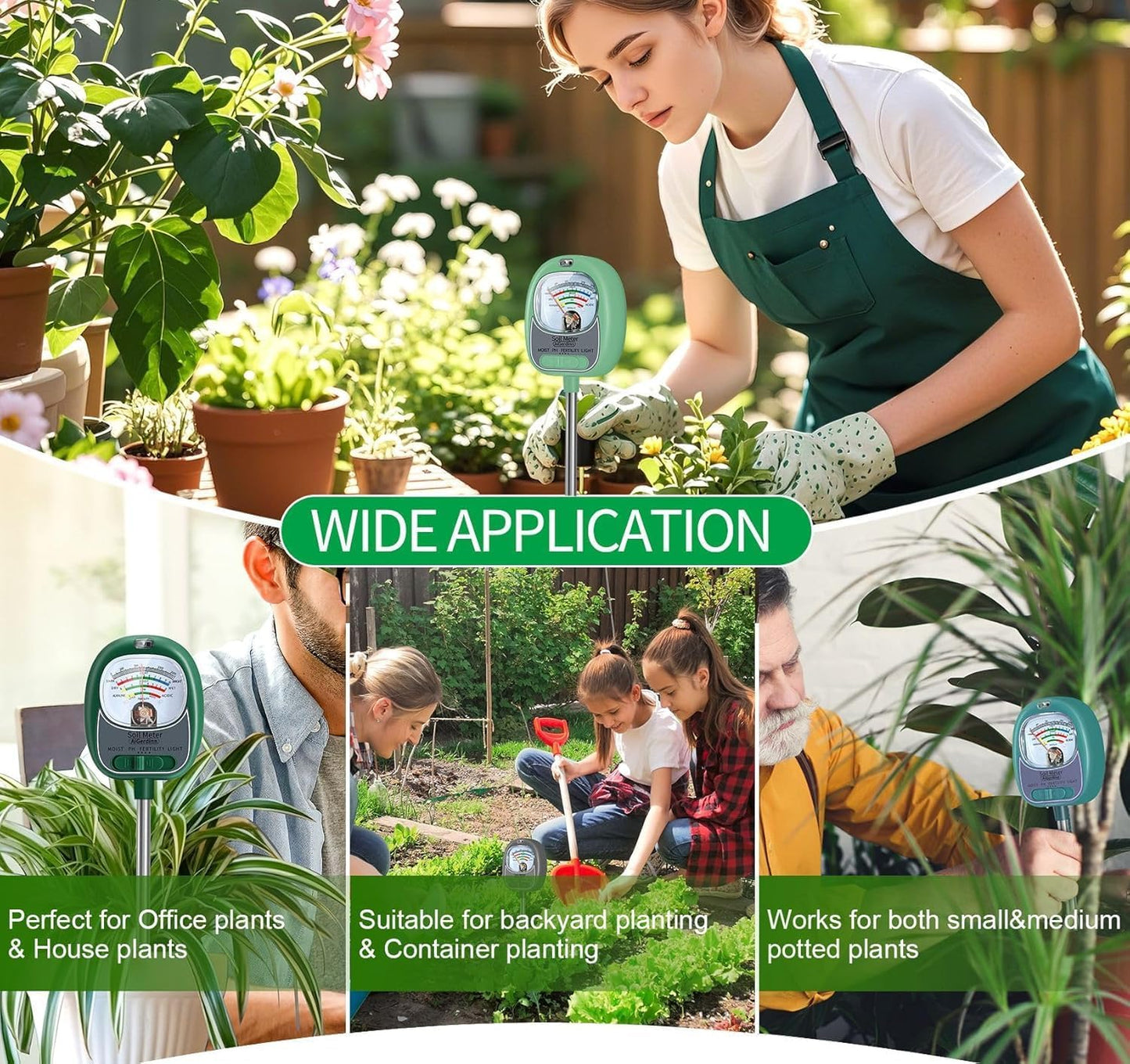 Soil Tester, Soil Moisture Meter/Soil pH Meter/Sun-Light/Fertility for Gardening, Large Dial Soil pH Tester Plant Water Meter for Indoor&Outdoor Garden,Farm Soil Test Kit-GrassGreen