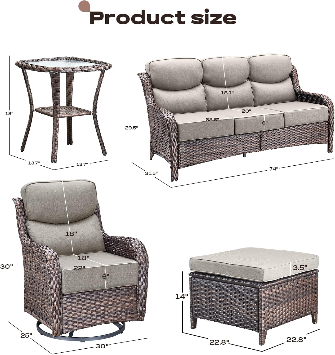 Wicker Outdoor Patio Furniture Set - 6 Piece Patio Conversation Sets with Swivel Rocker Chairs, Ottomans, Sofa and Side Table, 6 inch Cushions, Waterproof Wicker, for Porch Deck Brown/Beige