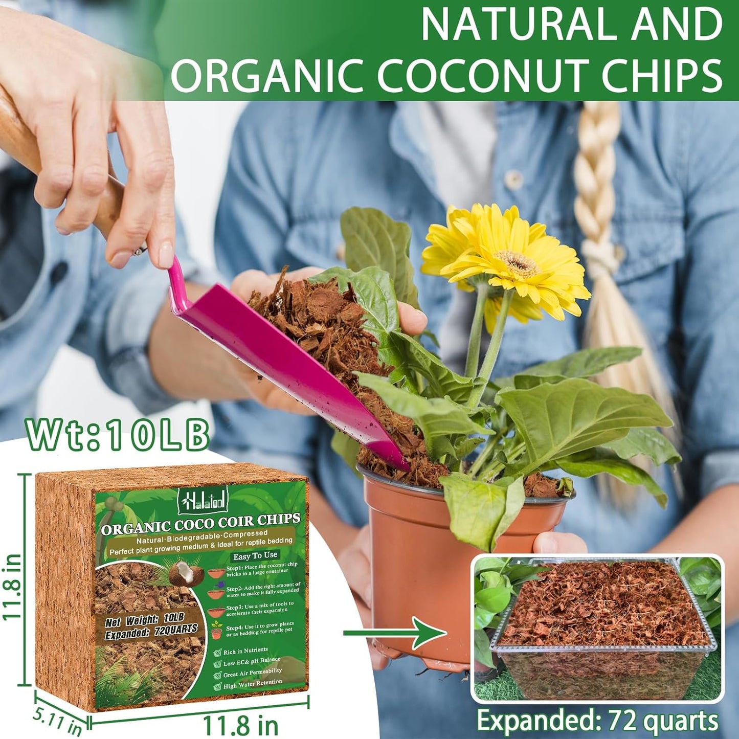 Halatool 10LB Compressed Coconut Coir Chips, 100% Natural Organic Coco Husk Chips Coco Chips Substrate for Plants Flowers, Garden