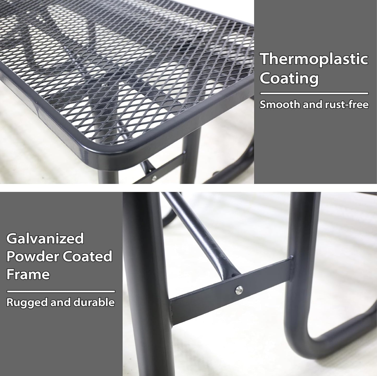 4FT Metal Picnic Tables for Outdoors, Commercial Rectangular Picnic Table and Bench Set for Outside, Patio, Garden, Backyard, Porch, Surface Mount, Black