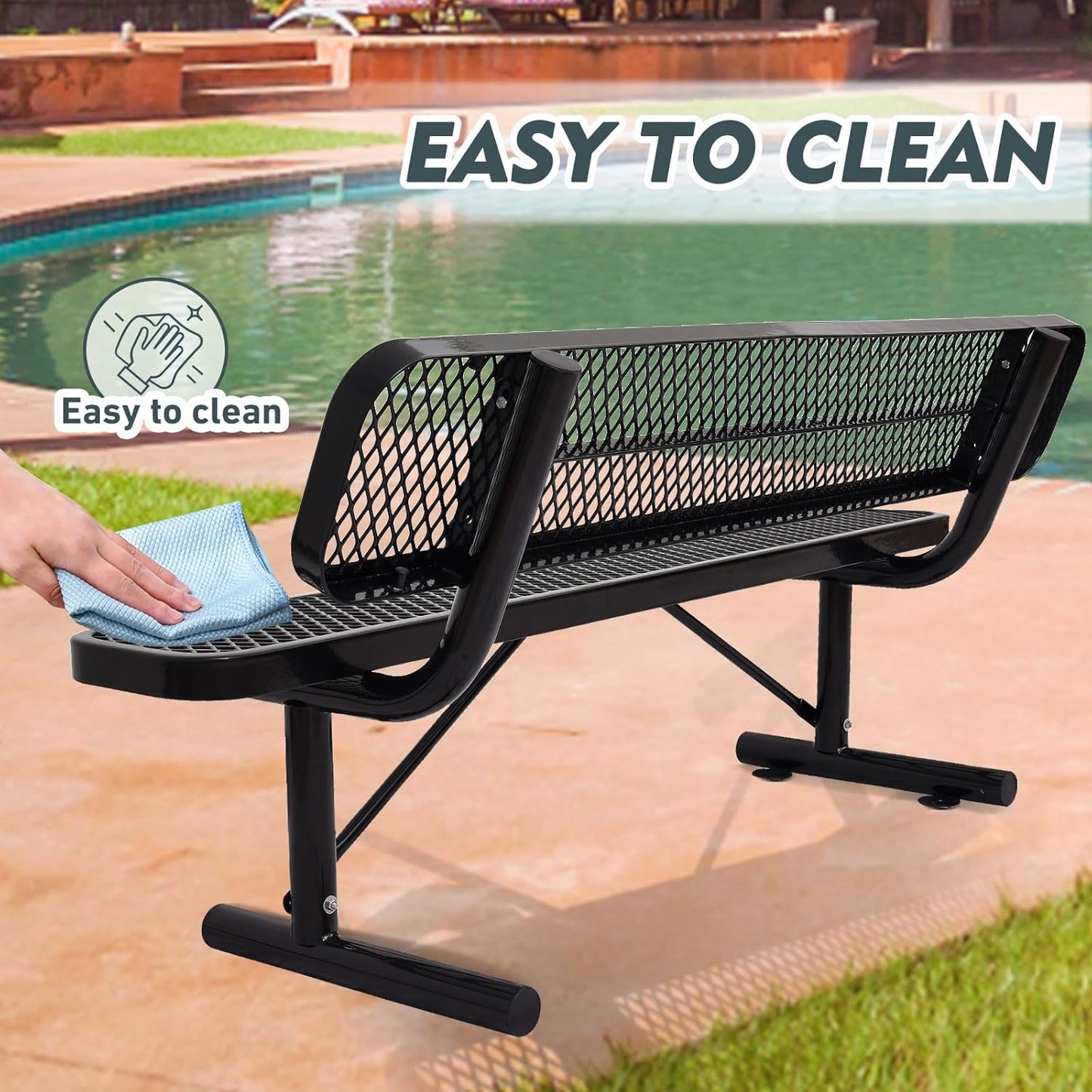 6FT Heavy Duty Park Bench with Back Portable Frame, Outdoor Metal Park Bench with Backrest, Steel Mesh Outdoor Bench for Garden, Lawn, Patio, Porch, Park, Yard (Black, 72.4" L x 23.2" W x 32.5" H)