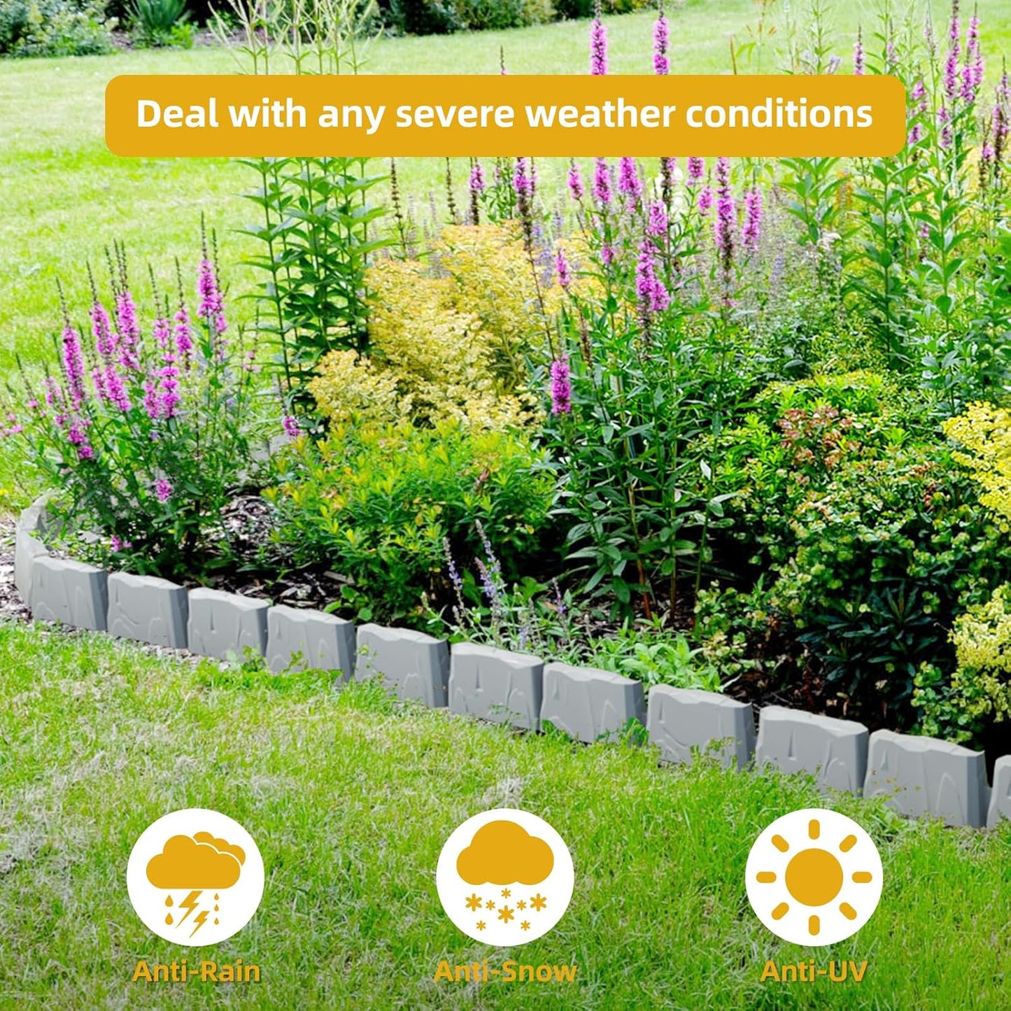 8Pcs Landscape Edging(12 FT) 24 Spikes - Faux Stone Edging Border for Garden, Flower Beds, Lawn & Pathways | 12" L x 3" H | Faux Stone Edging for Landscaping Outdoor (Grey)