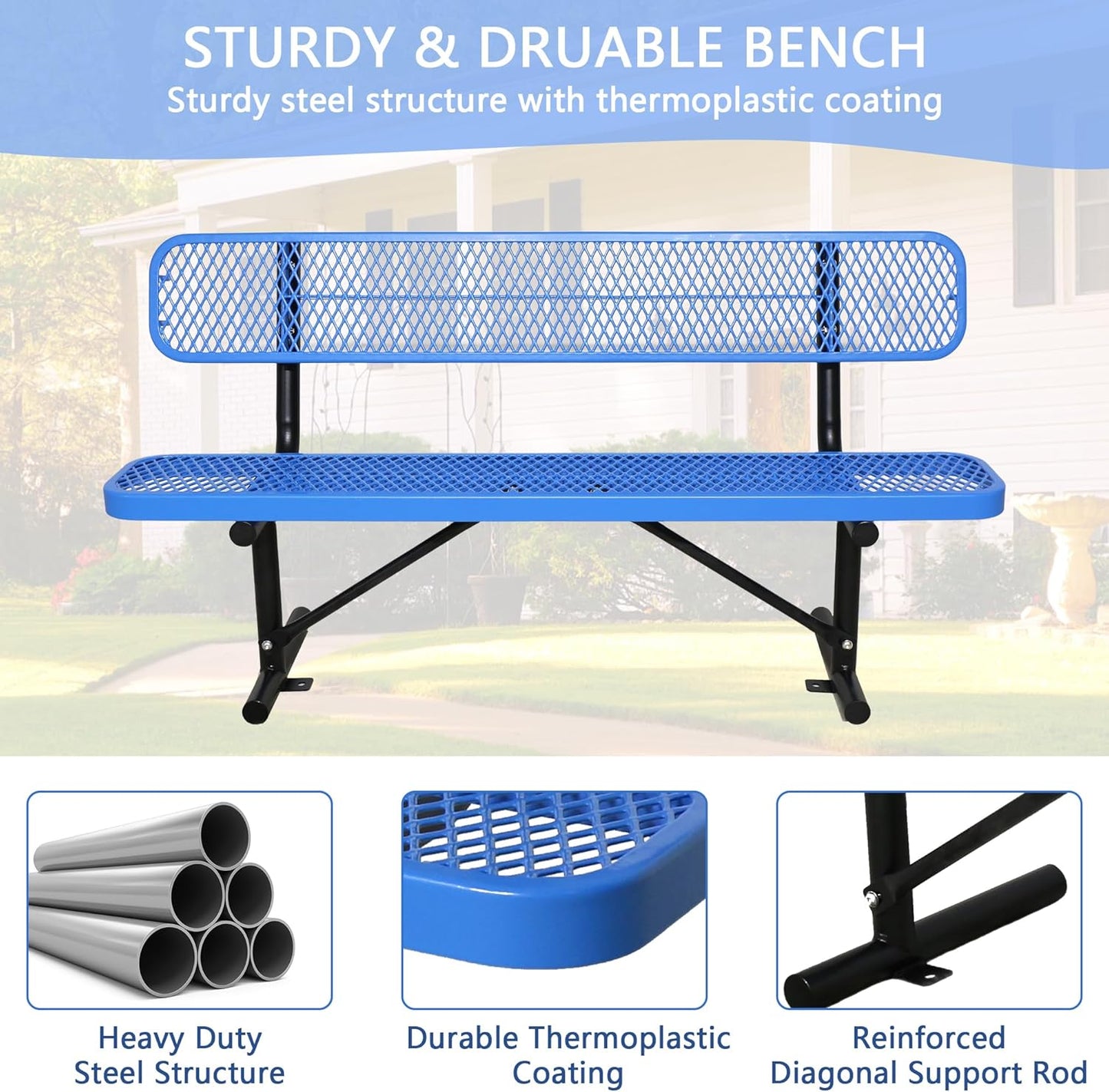 6FT Outdoor Benches Heavy Duty Park Bench with Back Portable Frame, Blue Metal Steel Bench, Outdoor Garden Bench Expanded Metal Mesh Bench for Lawn, Park, Deck, Garden, Patio, Porch, Black (Blue, 6FT)