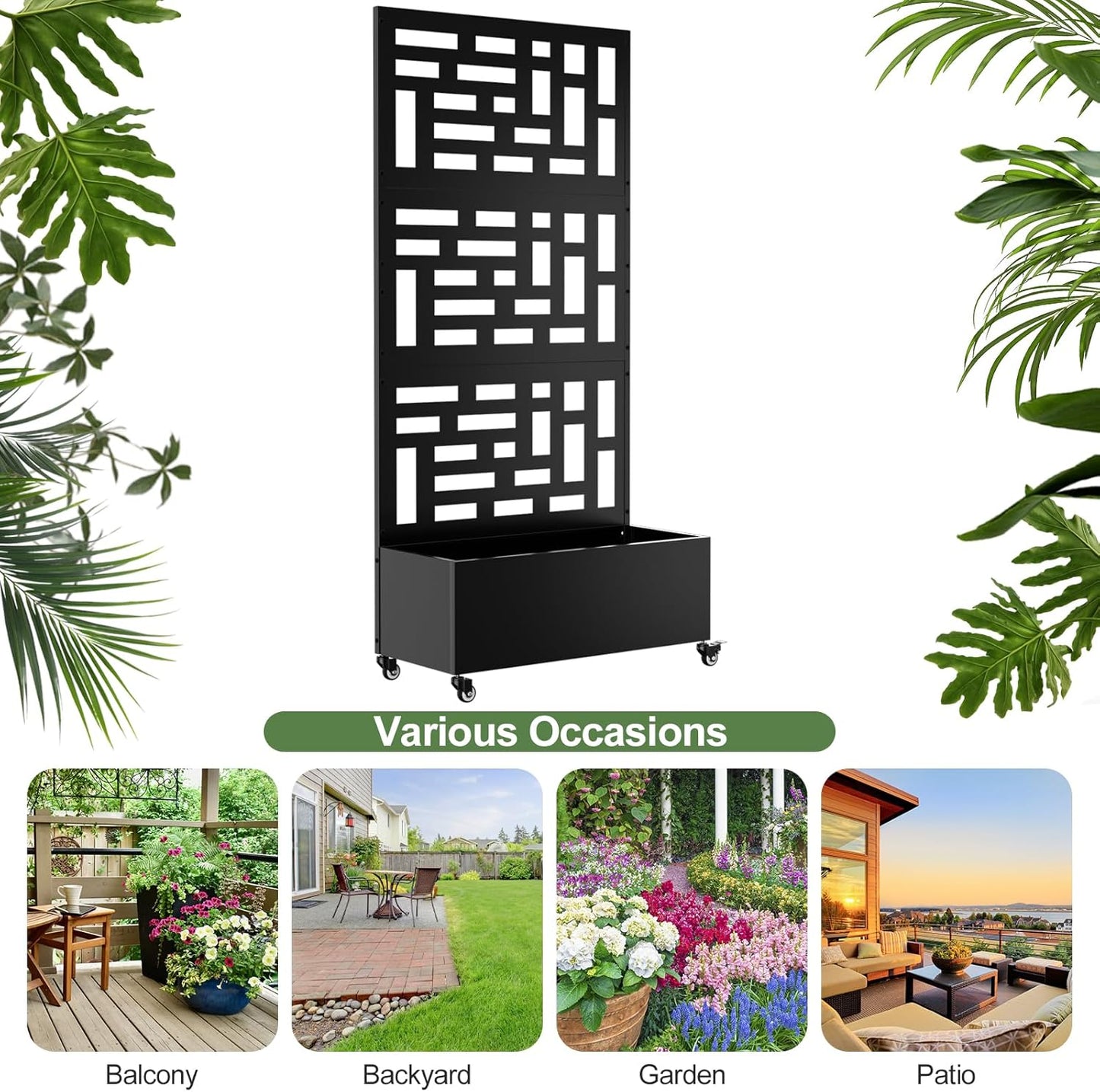 Metal Planter Box with Trellis, 71"x 35"x 16" Raised Garden Bed with Trellis & Wheels, Privacy Planters for Patio, Planter Box with Drainage Holes for Climbing Plants, Flower, Vegetable