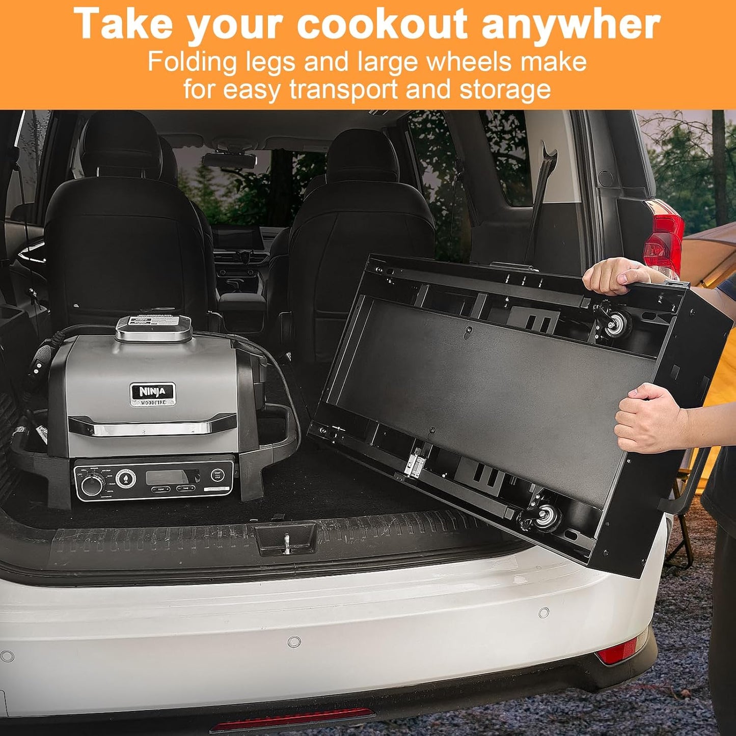 28" and 34" Upgrade Height & Quick-Fold Portable Grill Cart for Ninja Woodfire (OG700 Series), MO201 OO101 Pizza Oven, Blackstone 17"/22" Griddle – Outdoor Ninja Grill Stand with 4 Swivel Wheels