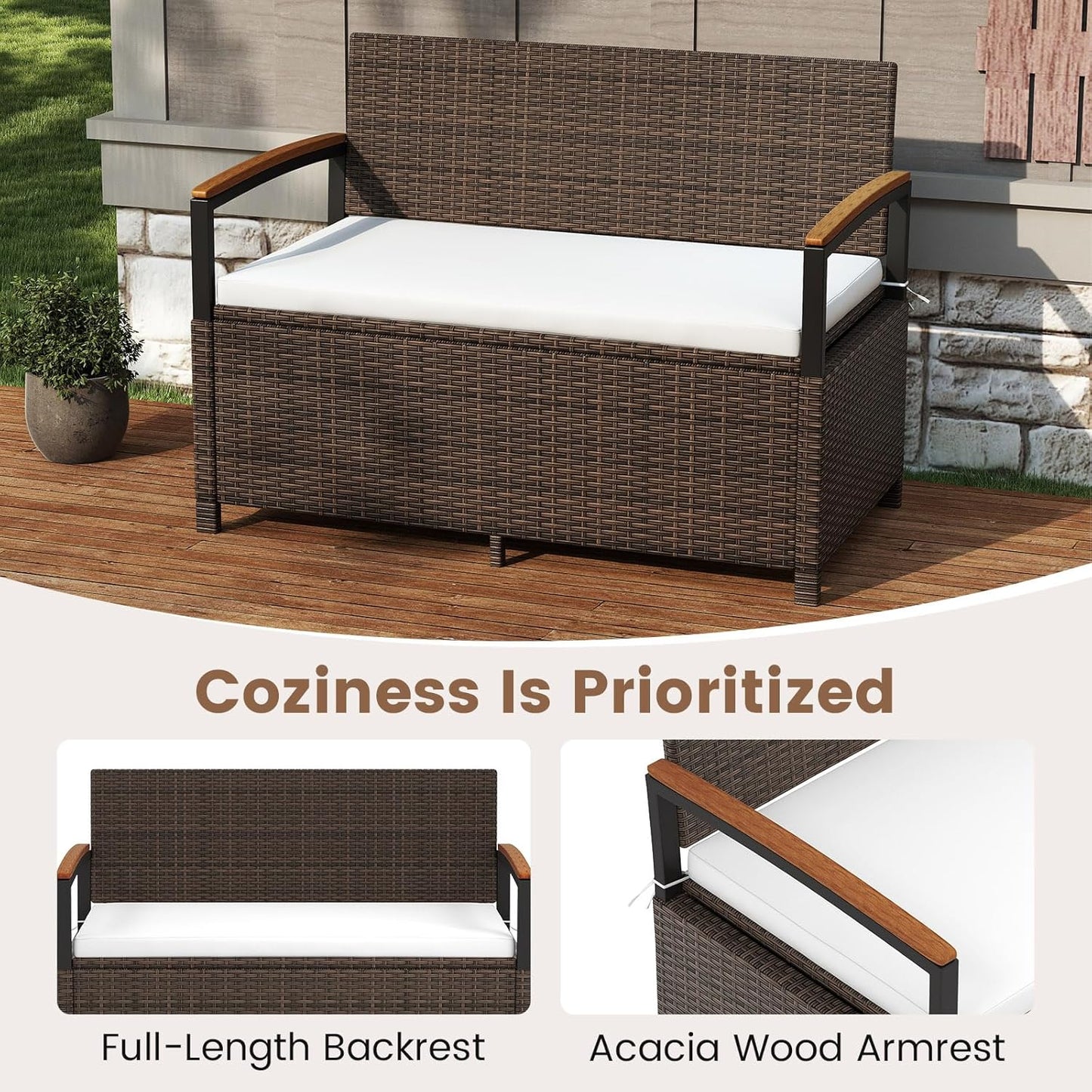 Tangkula 46 Gallon Outdoor Bench with Storage, Outdoor PE Rattan Storage Bench with Cushion, Backrest & Acacia Wood Armrests, Metal Frame, Waterproof Deck Box Seat for Porch Backyard Poolside