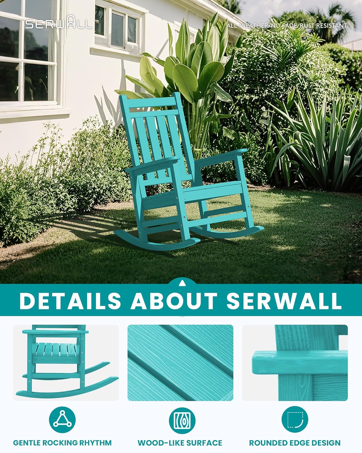 SERWALL HDPE Outdoor Rocking Chair Set of 8, Patio Rocking Chairs for Adults, All Weather Outdoor Rockers for Lawn, Aruba