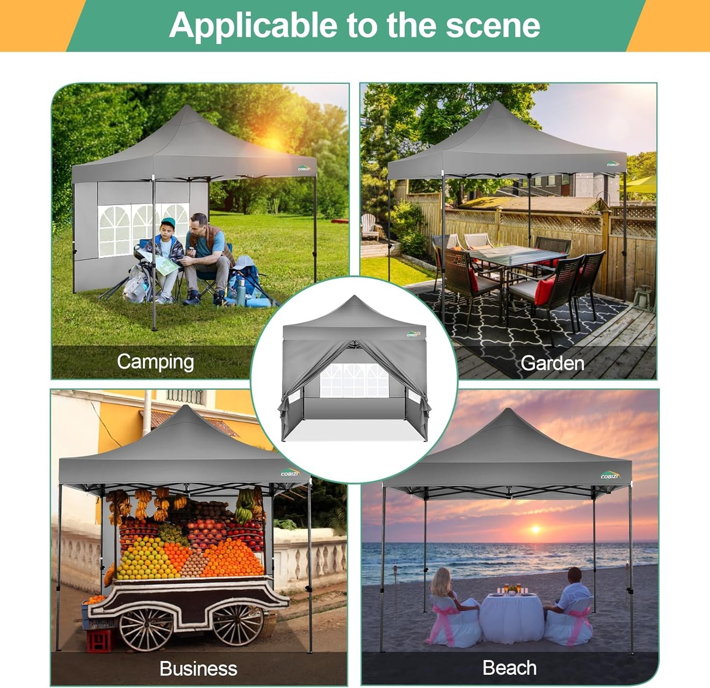 COBIZI 10x10 Pop Up Canopy Tent with 4 sidewalls Commercial Heavy Duty Canopy UPF 50+ All Weather Waterproof Outdoor Canopy Wedding Tents for Parties Gazebo with Roller Bag, Grey (Windproof Upgraded)