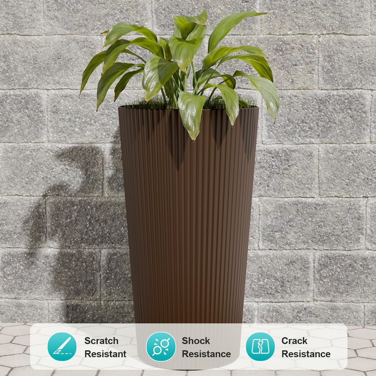 23.6" Tall Outdoor Planters, Set of 2 Large Plastic Flower Pots for Indoor & Outdoor Use, Modern Striped Decorative Garden Planters with Drainage Holes for Patio, Porch, Balcony, Brown