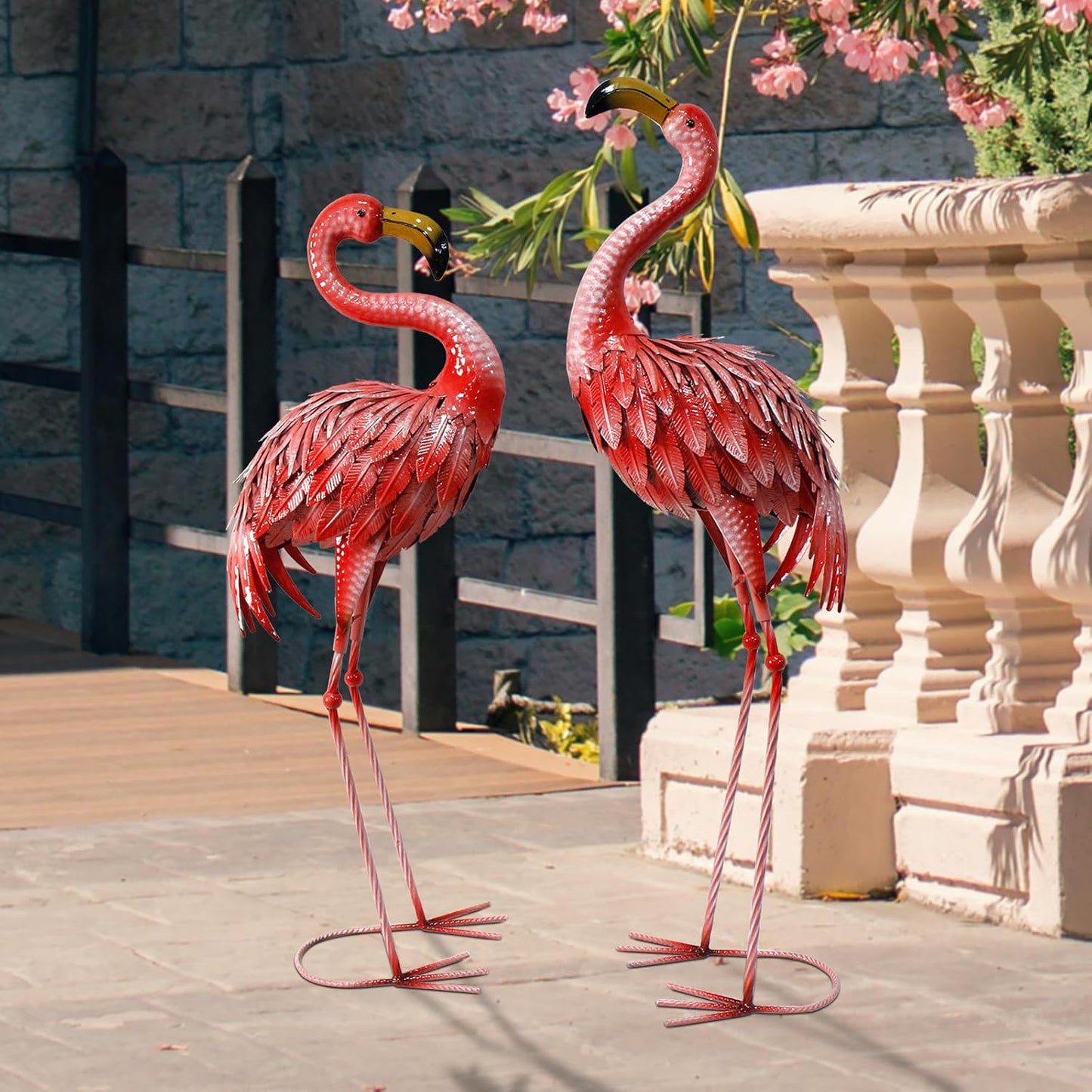 32-36 Inch Yard Flamingos Garden Statues, Metal Flamingo Outdoor Decor, Vibrant Flamingo Statues for Lawn, Backyard, Porch, Patio, Set of 2