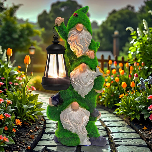 Solar Gnomes Garden Statues,Resin Flocked Gnome Figurine Holding Solar Lights Lantern,Unique Birthday Housewarming Gifts for Women, Mom, Grandma