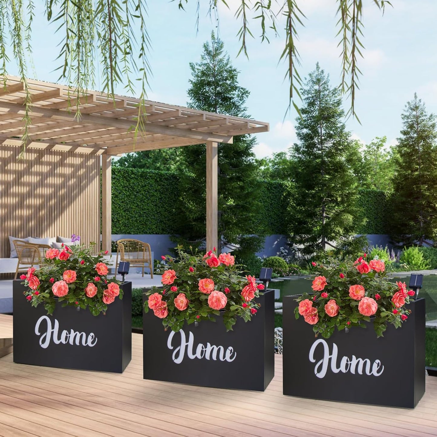 Metal LED Planter Box Rectangular Block - Galvanized Steel Long Planters Box with Solar Light Outdoor All-Weather Use with Drainage Holes for Cafe Bar Mall Patio/Porch/Entrance, 35.5×24×12IN（Home）