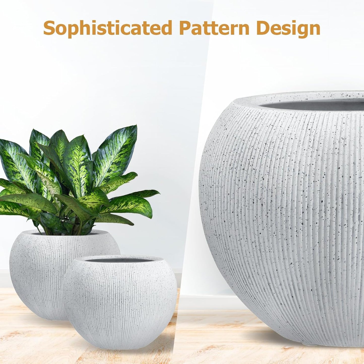 9.7" H x 12" D Globo Fiberstone Round Planter with Drainage Hole, Weather Resistant, Ribbed Finish, Planters for Indoor Plants & Outdoor, Extra Coco Mats (Speckled White, 7.8" Pot Opening)