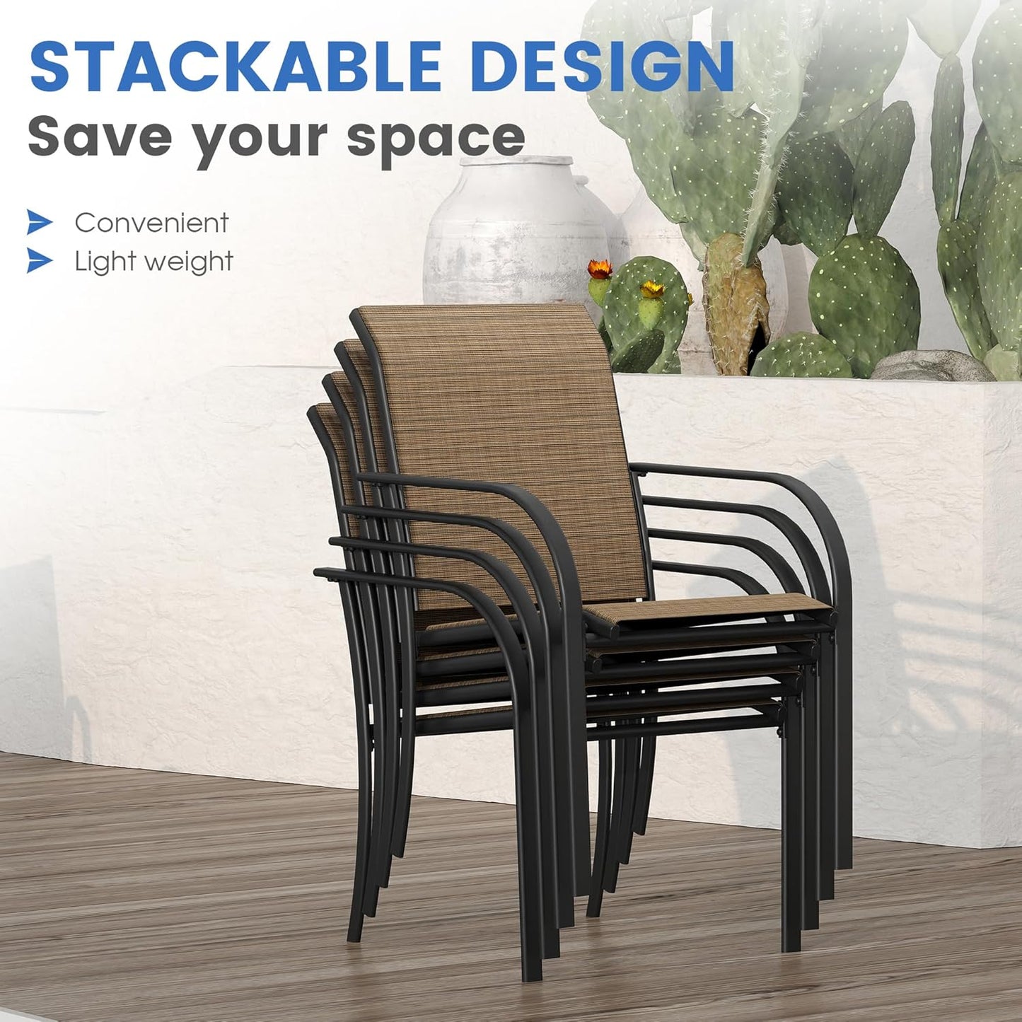 VICLLAX Patio Dining Set for 6, Outdoor Furniture Set Includes 63" Rectangle Patio Table and 6 Patio Sling Chairs, Outdoor Table and Chairs for Outsides, Walnut Tabletop and Brown Fabric