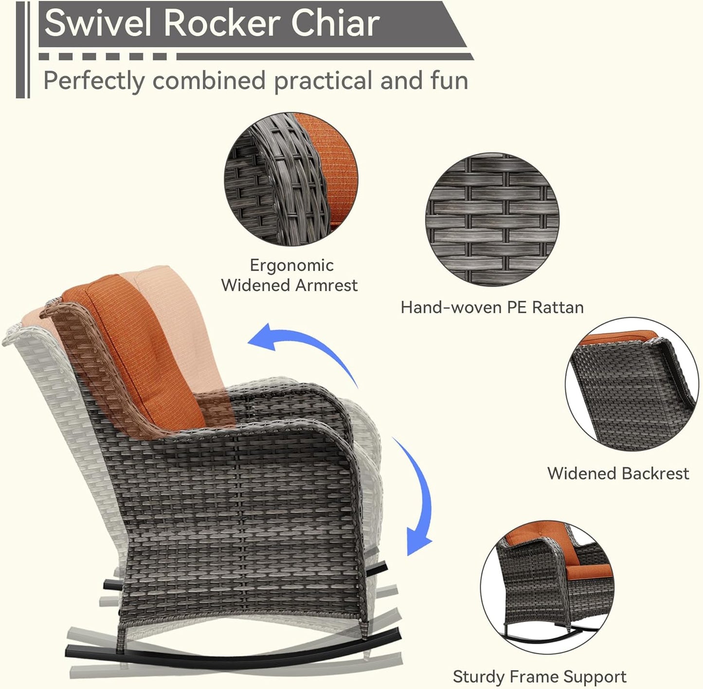 Outdoor Rocking Chair of 2, Wicker Patio Rocker Chair for Yard, Porch, Mixed Brown Grey Rattan, Orange Cushions