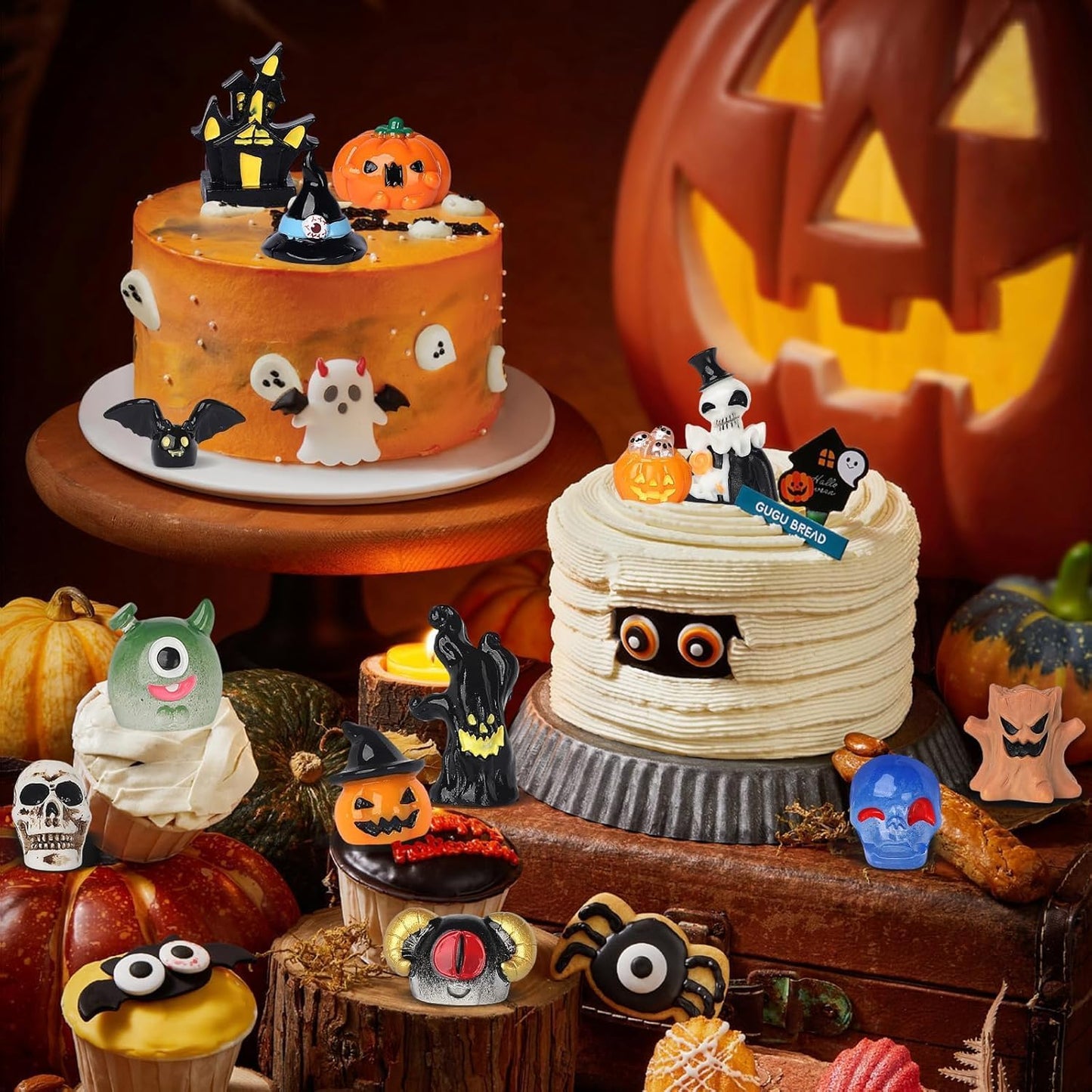 87 Pcs Halloween Mini Resin Figures 23 Styles Tiny Resin Animals Pumpkin Ghost Skull Miniatures Bulk for Halloween Party Favors Bag Fillers Garden Dollhouse Decor