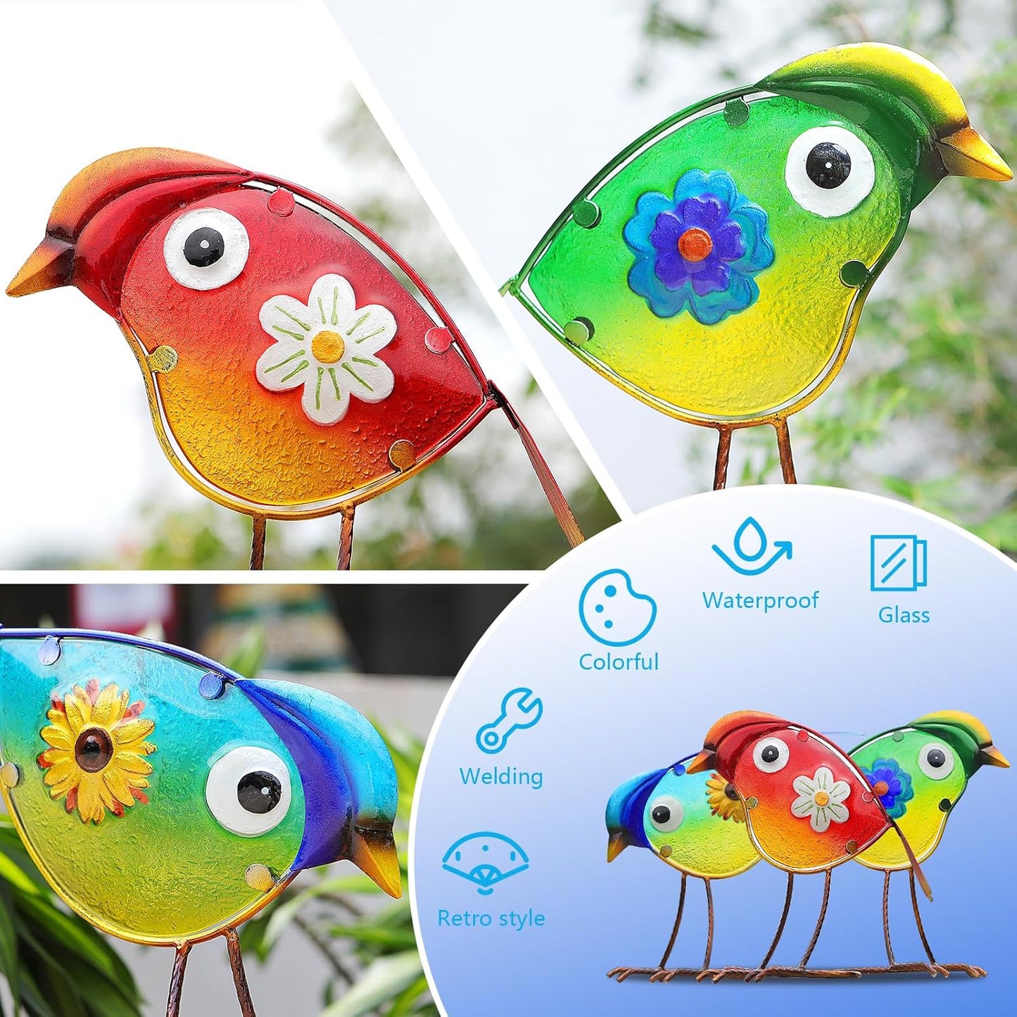 Bird Garden Decor for Outside, Glass & Metal Yard Art Decorations Outdoor Decor for Patio Backyard, Gift for Women Grandma Mom（3 Pack）