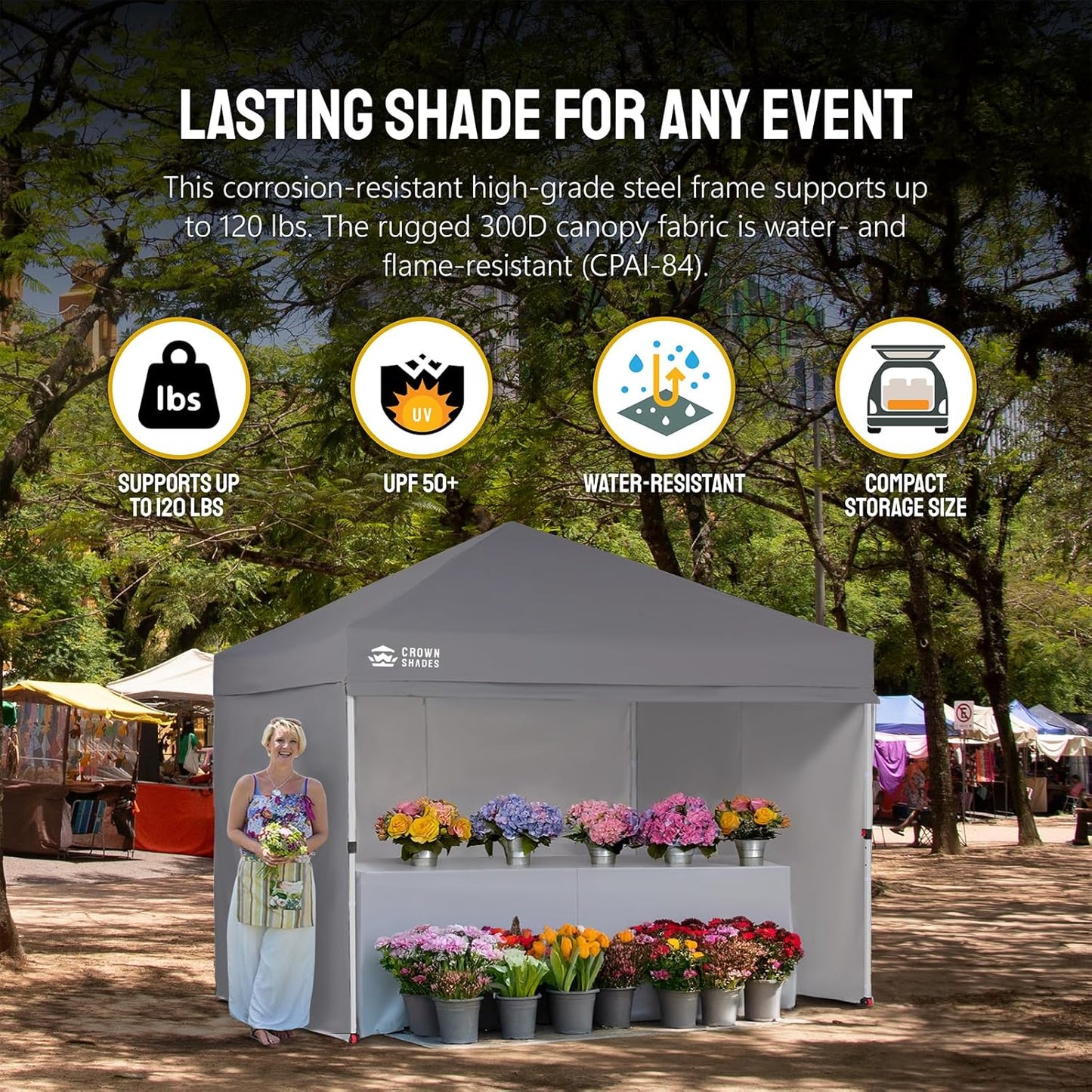 CROWN SHADES 10X10 Comercial Instant Canopy Pop Up Tent with Center Lock (10x10 with 4 Sidewalls, Grey)