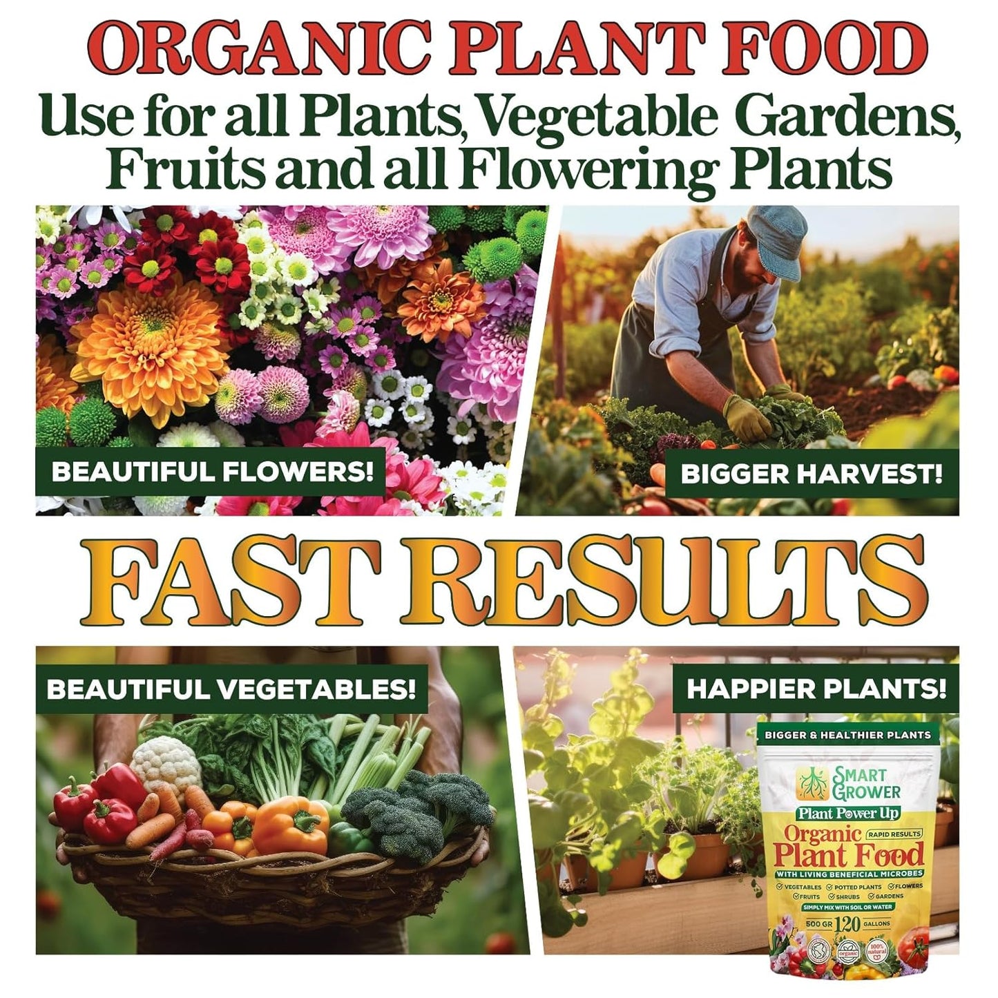 Organic Plant Food with Beneficial Microbes, Fast Acting Vegan Fertilizer for Vegetable Garden, Outdoor & Indoor Plant Fertilizer, Miracle Growth for Plants Concentrated Value 500GR Makes 120 gallons