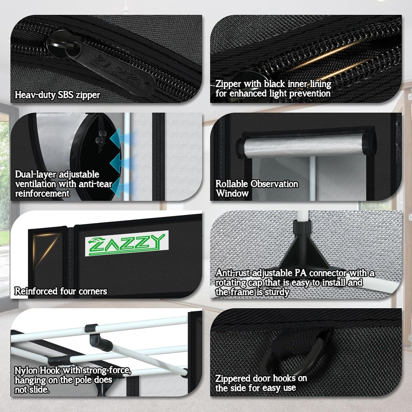 zazzy Grow Tent, 120"x60"x78" Hydroponic Mylar Grow Tent Reflective Garden Growing Dark Room with Observation Window, Removable Floor Tray and Tool Bag for Indoor Plant Growing 10x5