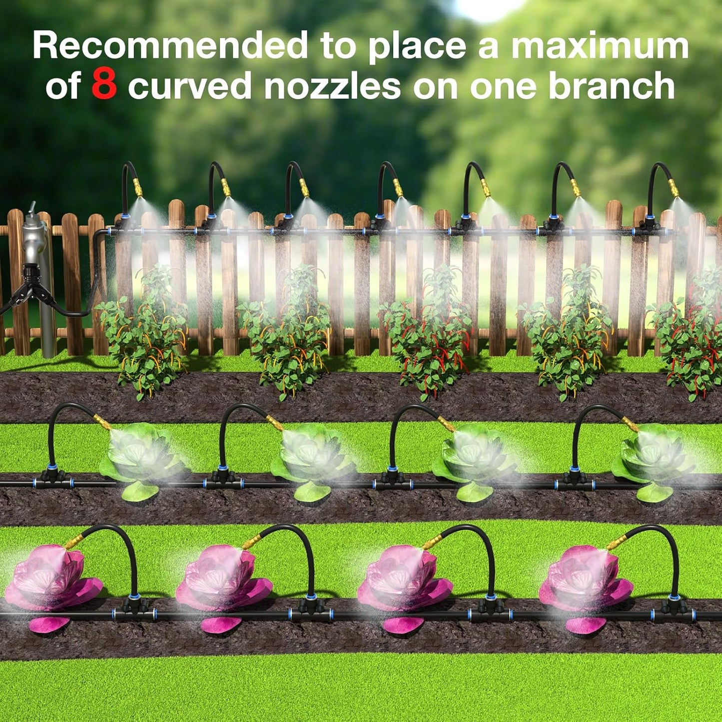 Mixc 200Ft 1/4" Drip Irrigation System,2025-Upgrade Garden Irrigation Kit with 32pcs Adjustable Copper Nozzles,Automatic Atomizing Watering System for Outdoor Plants,Raised Bed,Yard,Potted Plant,Lawn