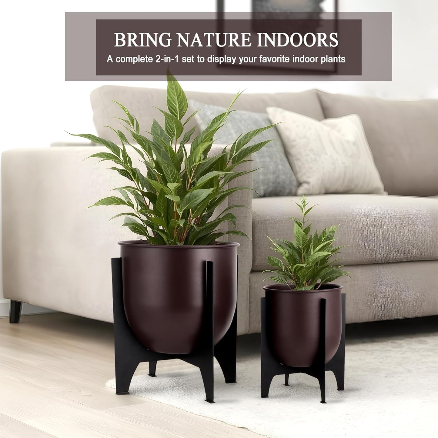 TRIROCKS Set of 2 Planters with Stand Indoor Outdoor Metal Plant Stand 11 &8.5" H Modern Planters Flower Pots for Living Room Corner Kitchen Office Garden Balcony Patio Decor