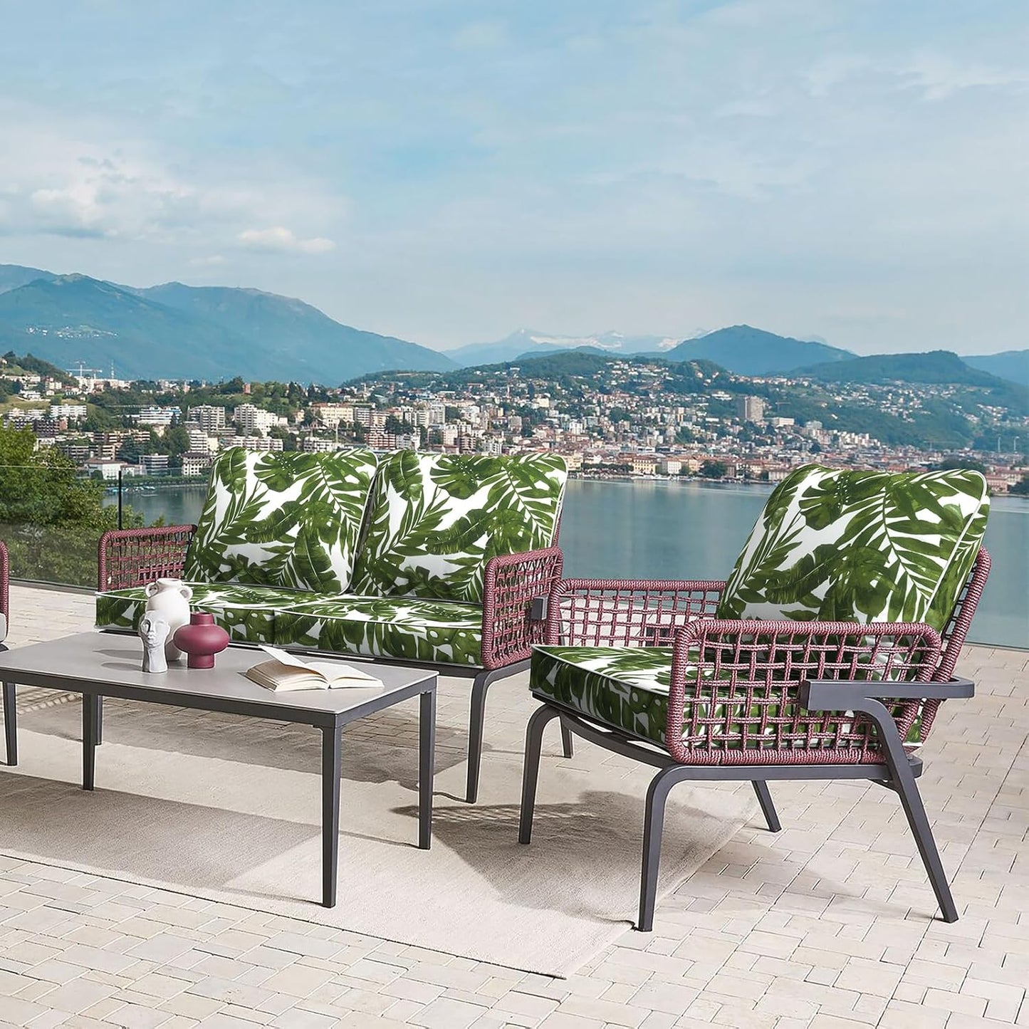 LVTXIII Outdoor Deep Seat Cushion Patio Seat and Back Cushion Set Seasonal Chair Cushion for Dining Arm Chairs, Wicker Chairs and Garden Furniture Decoration, 22"x22"x4", Palms Green