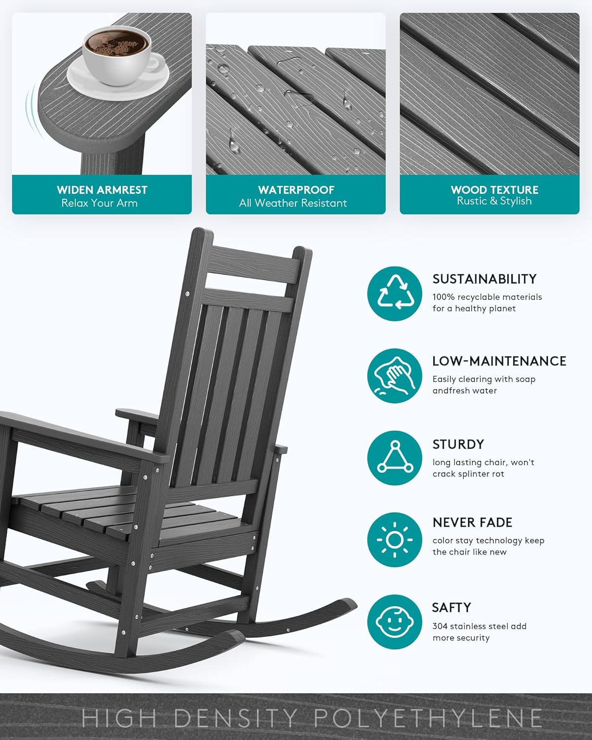 SERWALL Oversized Rocking Chair, Outdoor Rocking Chair for Adults, All Weather Resistant Porch Rocker for Lawn Garden, Grey