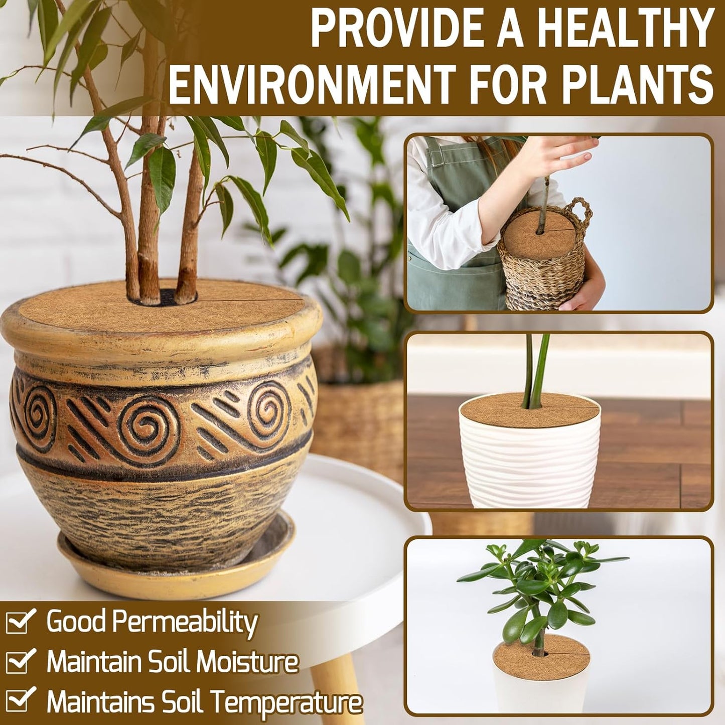 ZeeDix 3 Pack 12 Inch Coconut Fiber Mulch Ring, 100% Natural Coco Coir Tree Ring Mulch Mat Plant Protector Mat, Coconut Coir Discs Plant Pot Soil Cover for Indoor Outdoor Plants, Garden Decoration