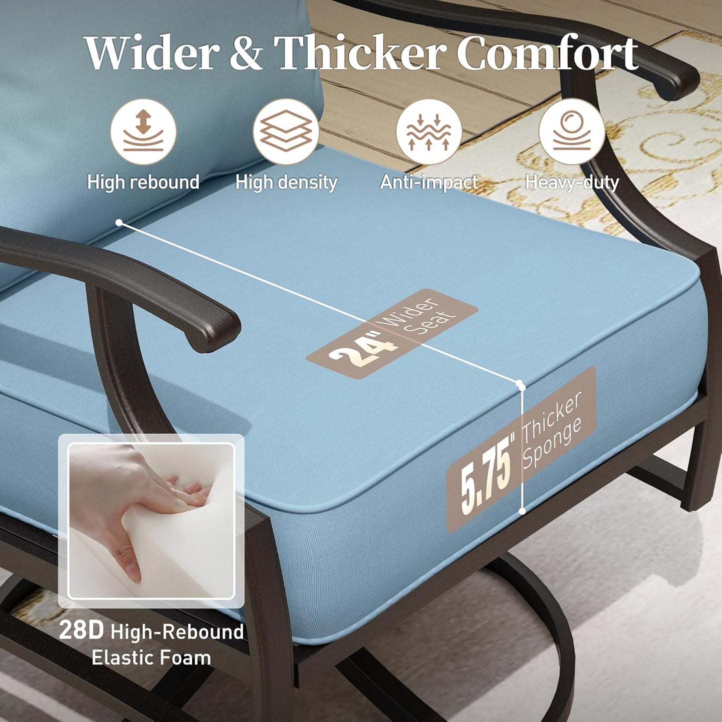 Metal Outdoor Swivel Patio Chairs Set of 2 with 5.75" Extra Thick Cushion, 2 Piece High Back Swivel Rocker Patio Chairs Outdoor Furniture Seating for Deck Balcony Front Porch, Blue