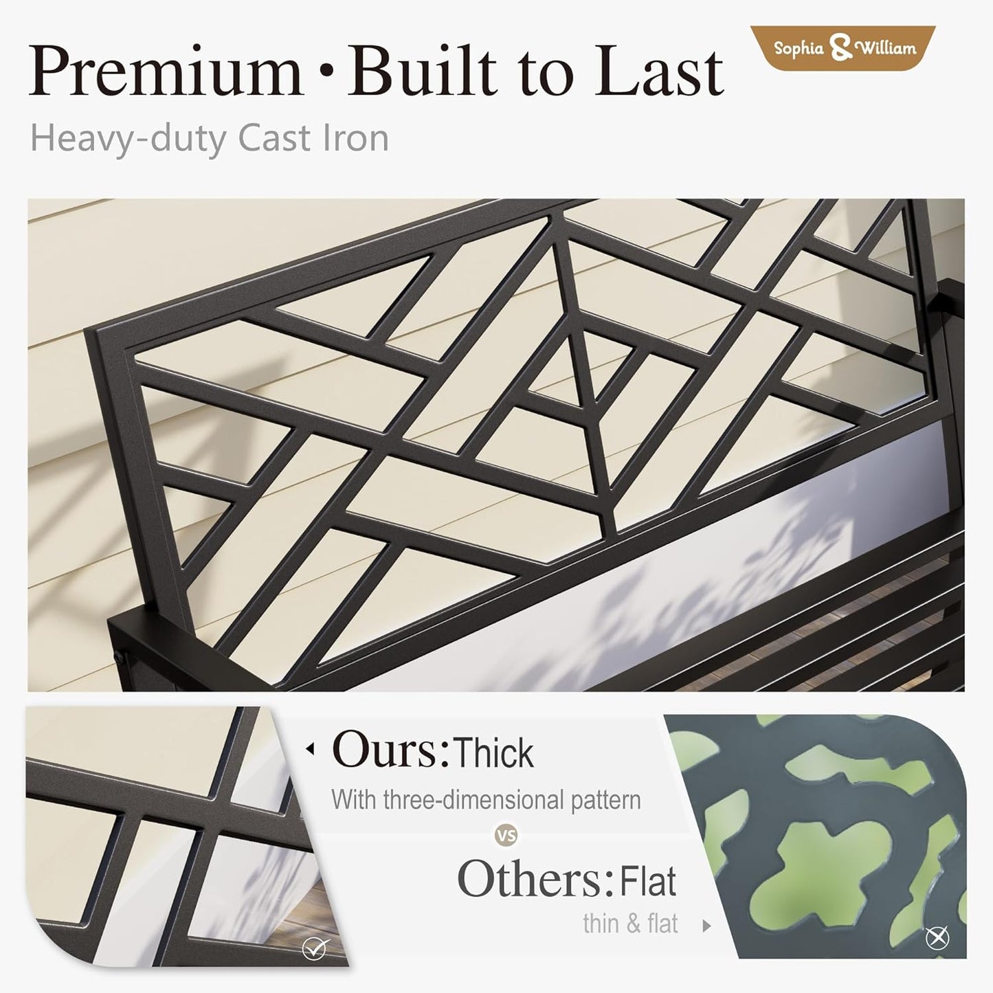 Sophia & William Outdoor Metal Bench Patio Garden Bench, Cast Iron Park Benches for Outside with Minimalist Backrest, Black