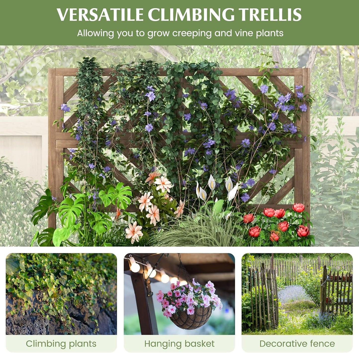 LDAILY Raised Garden Bed with Trellis & 2 Planter Boxes, 2-Tier Wooden Raised Bed with Bottom, Elevated Legs & 10 Drainage Holes, Gardening Planter Box for Flowers/Vegetables/Fruits in Backyard Patio