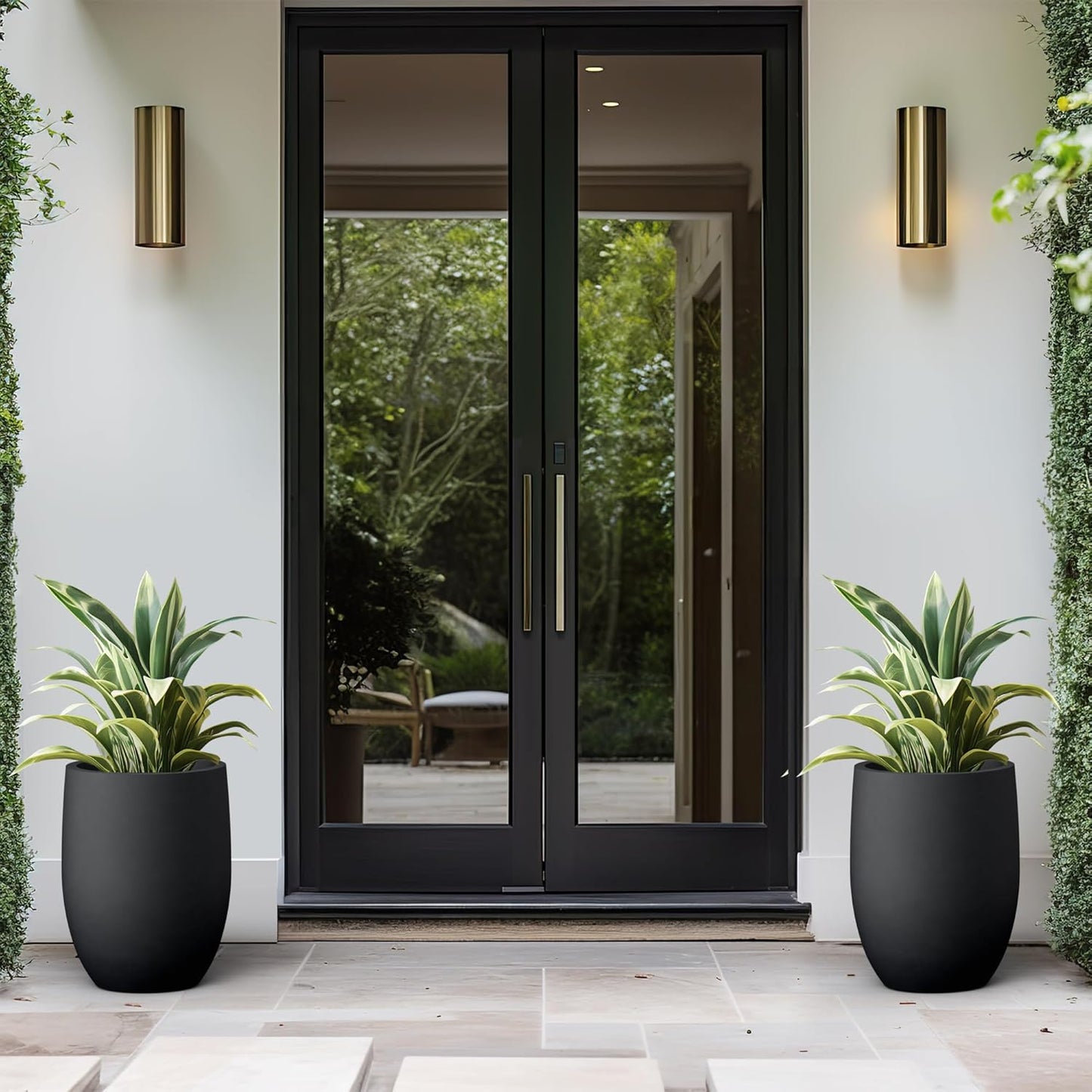 Kante 16.5 Inch Tall Concrete Planter, Large Indoor Outdoor Plant Pot with Drainage, Smooth Black Finish with Warm Brown Interior, Ideal for Porch, Home, Garden, Patio