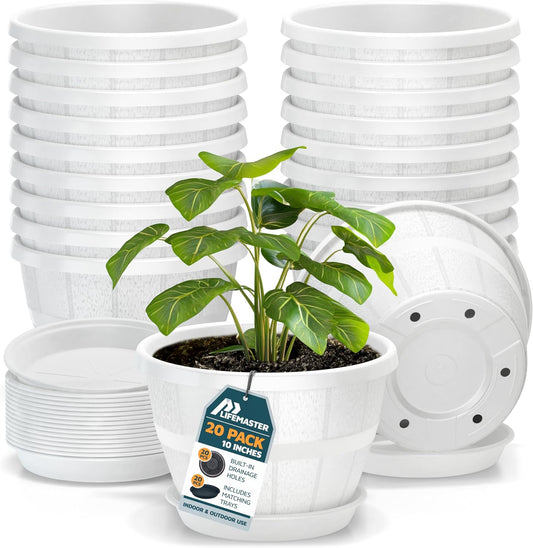 10-Inch Whiskey Barrel Planters Outdoor Pack of 20 - Durable Plastic Plant Pots for Indoor & Outdoor Use with Drainage & Saucer, Lightweight Rustic Barrel Planters for Flowers, Herbs & Small Plants