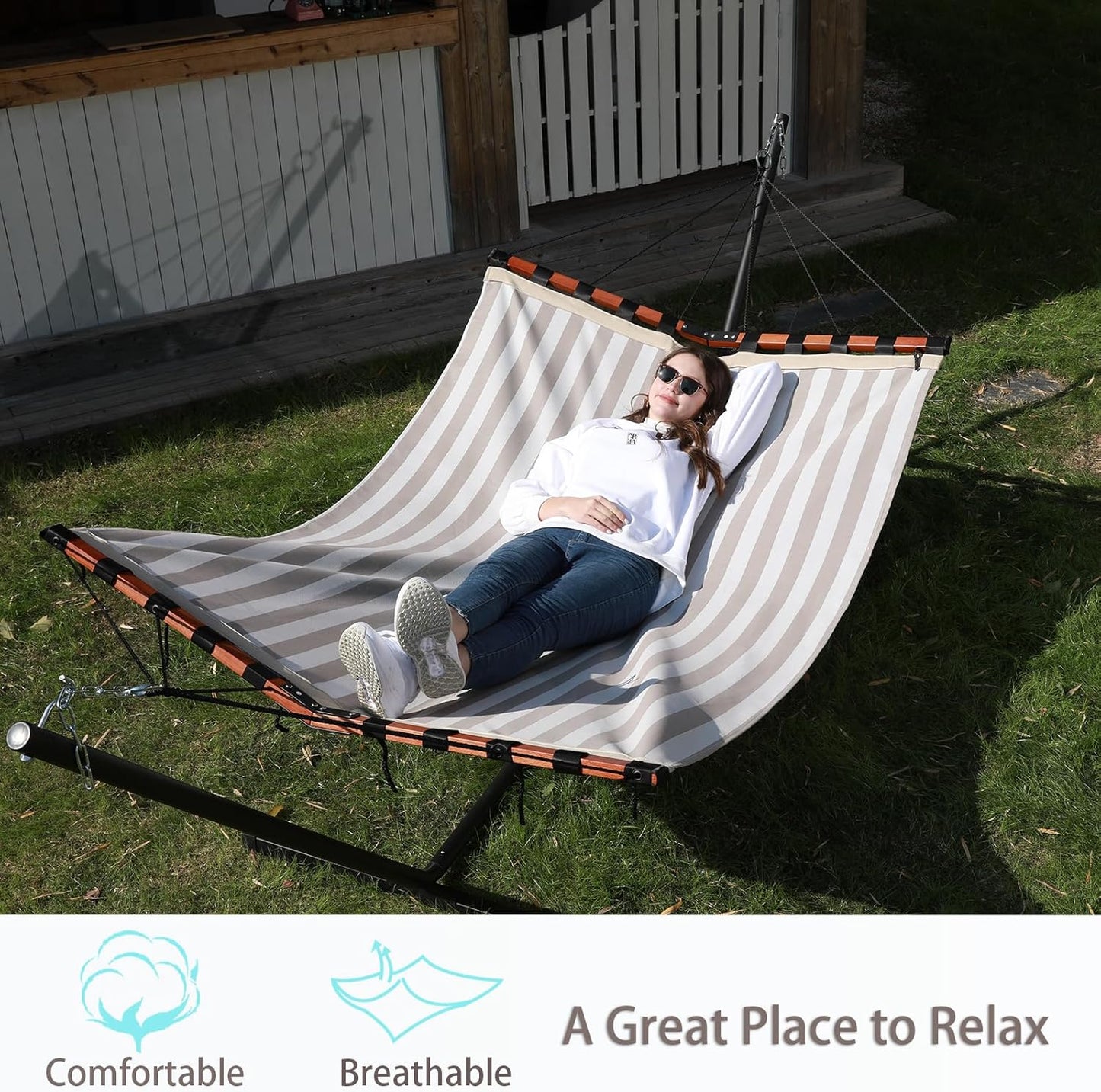 TegerDeger 12FT 2 Person Hammock with Stand Included 55 x 79IN Large Hammock Quick Dry 450LB Capacity with V Shaped Hardwood Spreader Bar & Nylon Rope for Outside, Patio, Garden - Tender Beige Stripes