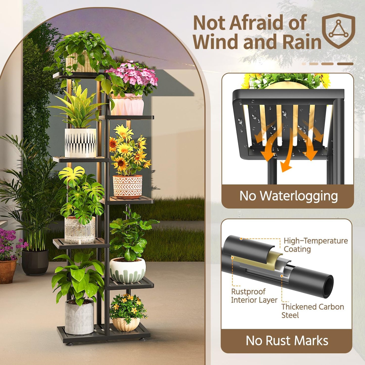 LASZOLA 6 Tier Plant Stand Indoors Outdoors with Light for Large Heavy Duty Planter, Black Metal Tall Flower Holder Rack for Modern House Corner, Vertical Iron Organizer with Multiple Rustic Shelf