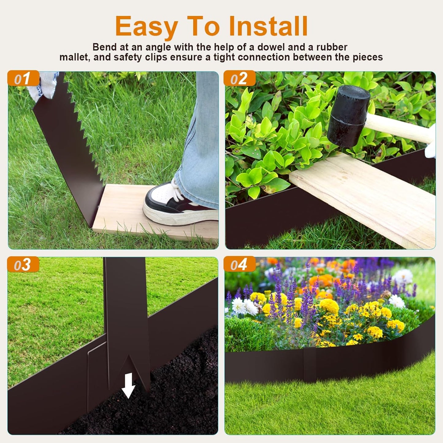Steel Landscape Edging 40 Inch Strips, Steel Edging 4 Inch Depth, 6 Pack Hammer in Landscape Edging, Metal Landscape Edging, Metal Edging for Landscaping（Brown